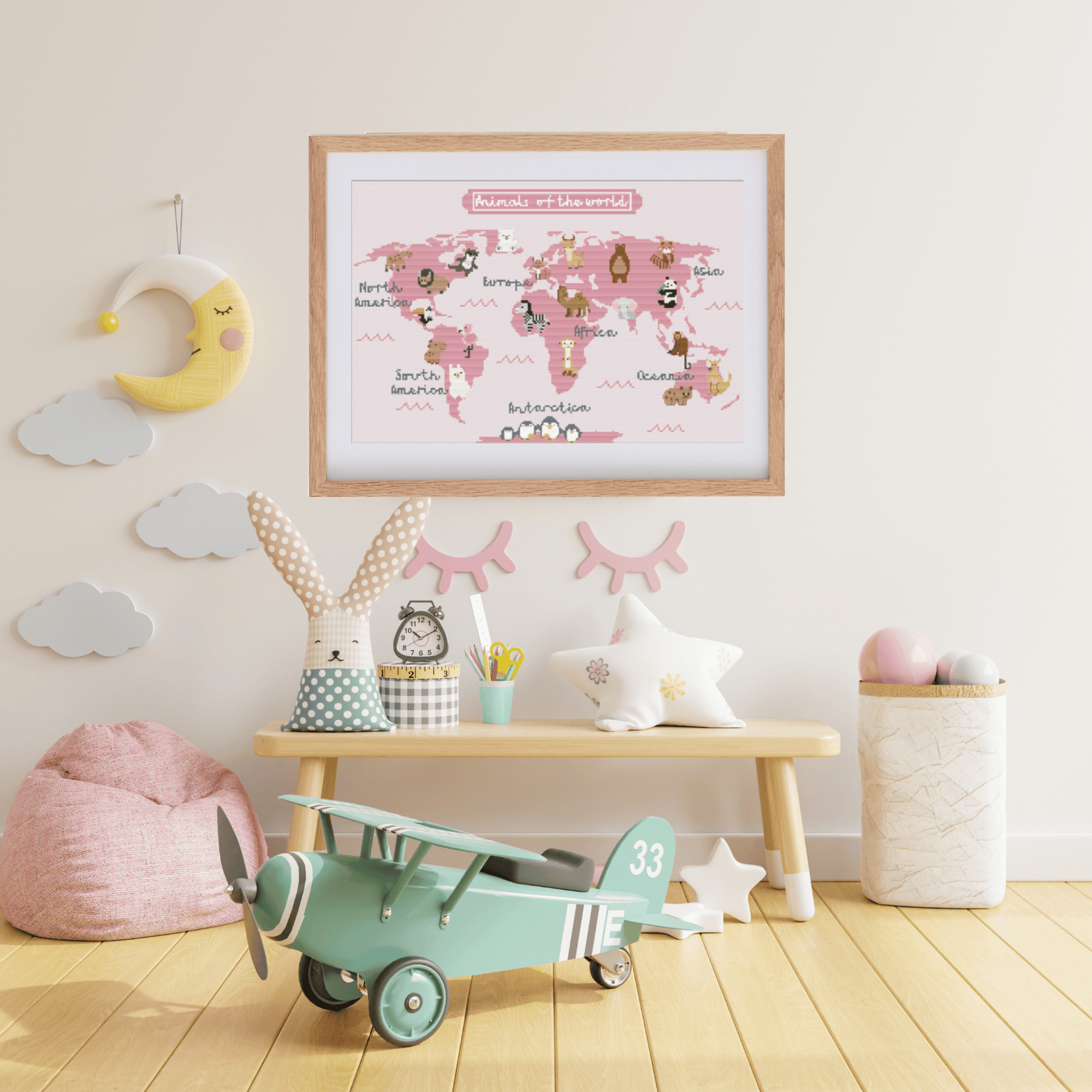 Animal mapamundi cross stitch pattern | World Map With Animals Cross Stitch | Nursery Decoration Cross Stitch