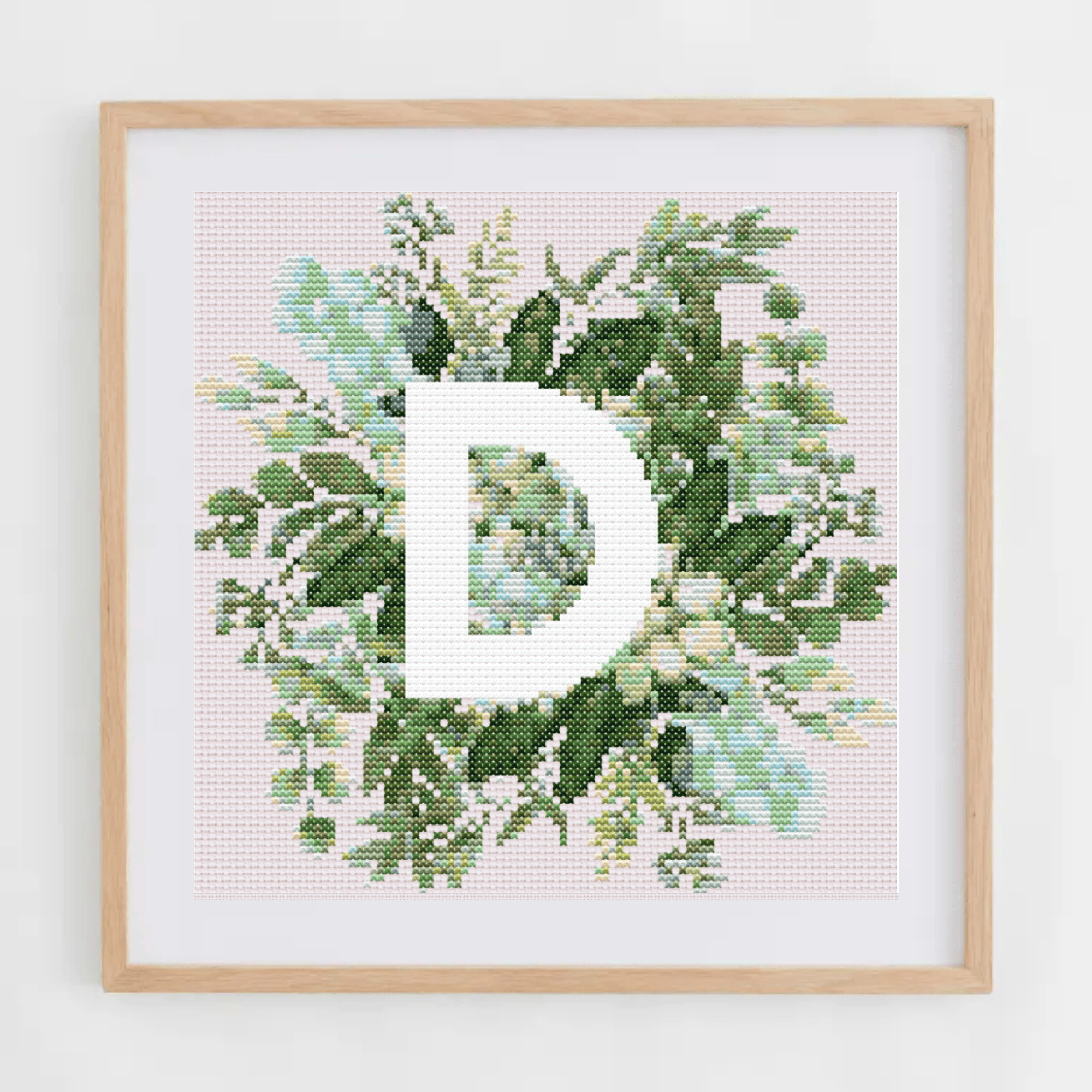 Monogram Cross-Stitch Pattern With Green Bouquet | Initial Cross Stitch Chart With Flowers and Leaves | Cross Stitch PDF