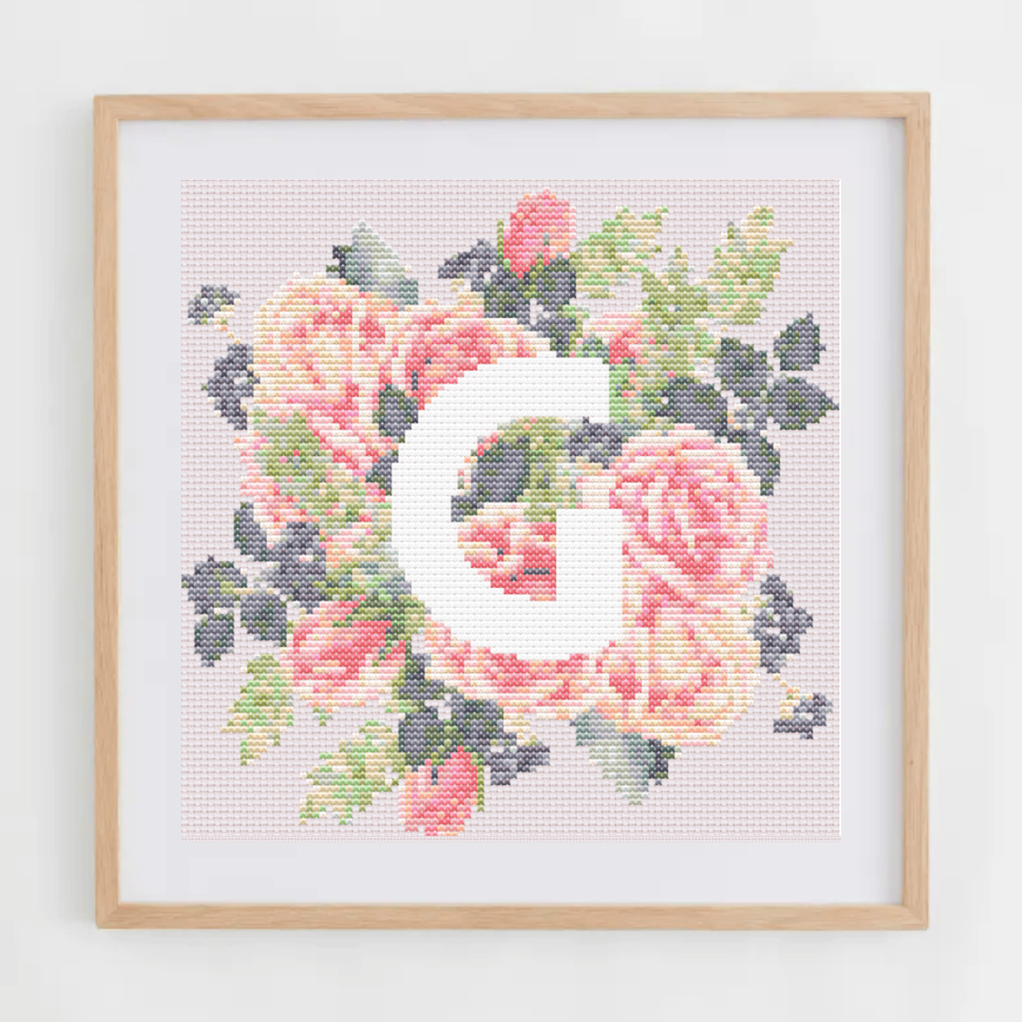 Monogram Cross-Stitch Pattern With Pink Roses | Initial Cross Stitch Chart PDF