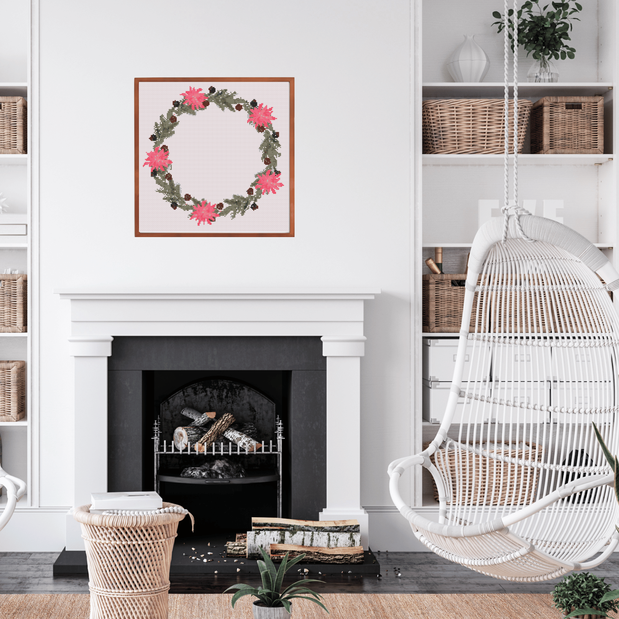 Christmas Wreath With Poinsettias Cross Stitch Pattern | Christmas Wreath Cross Stitch Chart | Christmas Cross Stitch Pattern