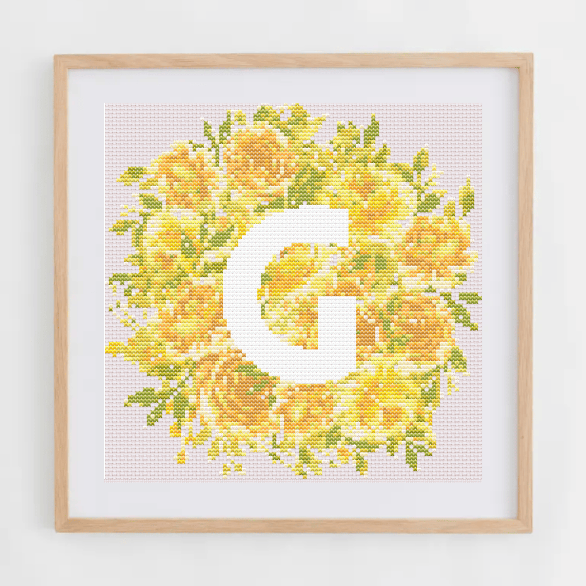 Initial Cross Stitch Pattern With Yellow Flowers in PDF | Floral & Modern Monogram Cross Stitch Chart To Download | Letters Cross Stitch PDF