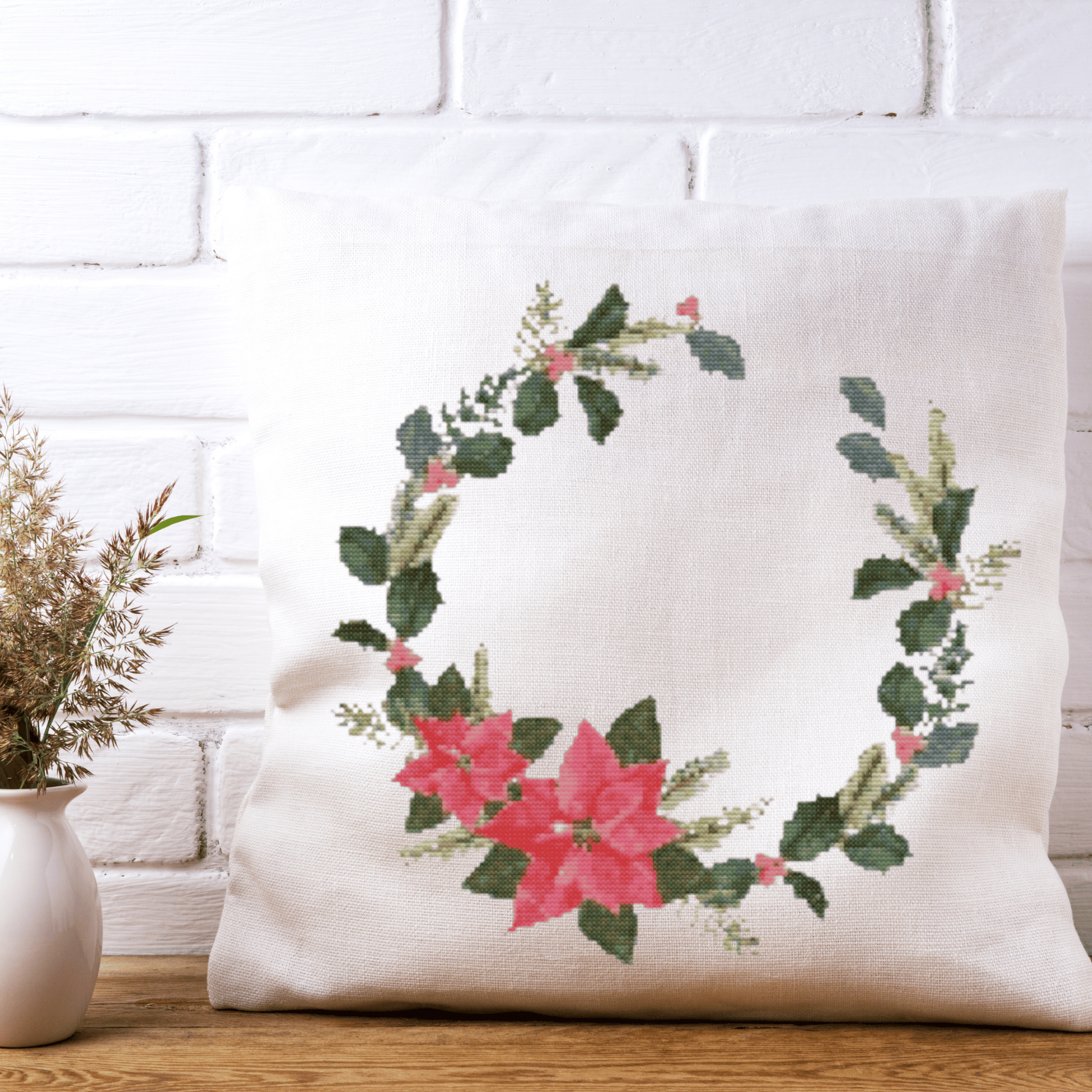 Christmas Wreath With Poinsettias Cross Stitch Pattern | Christmas Wreath Cross Stitch Chart | Christmas Cross Stitch Pattern