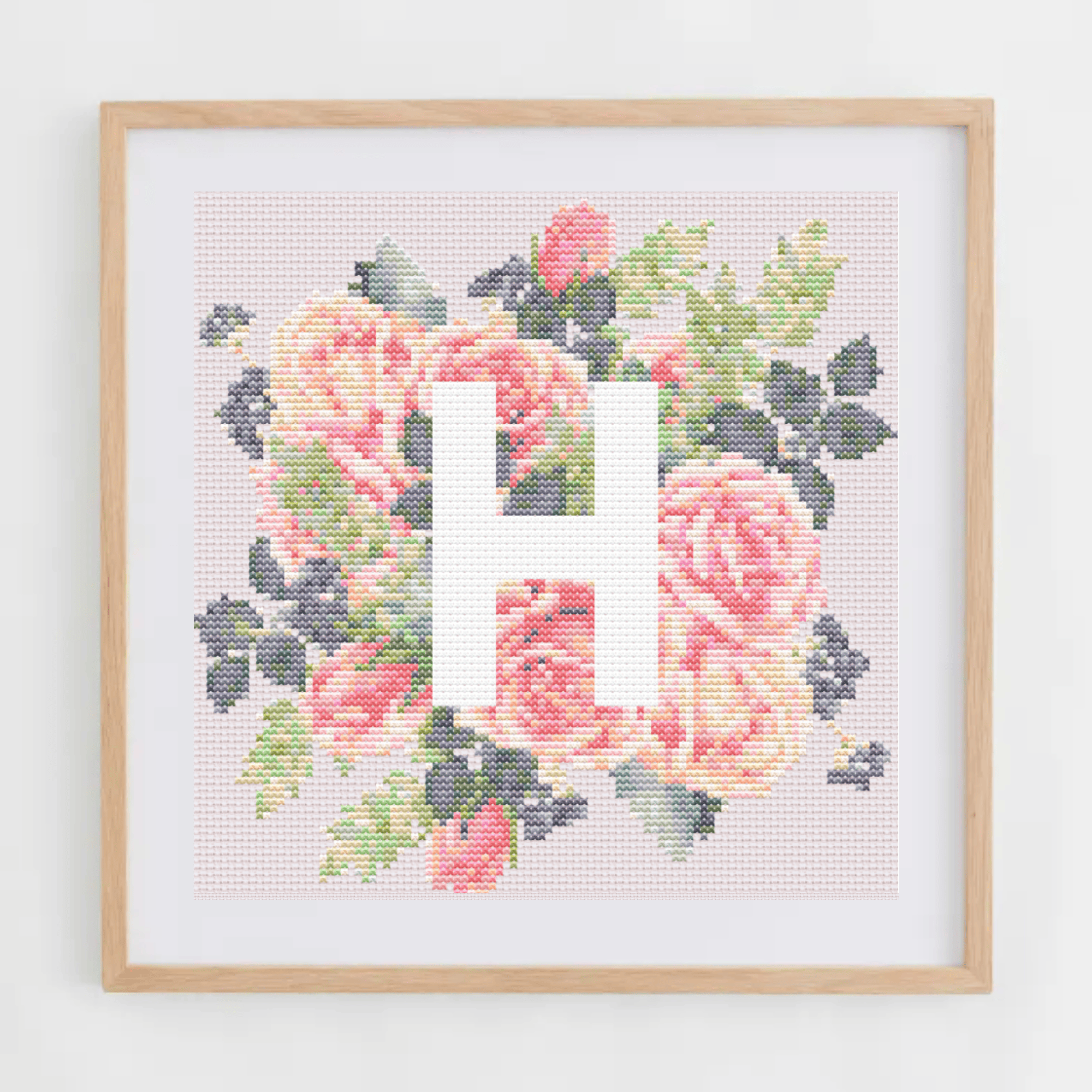 Monogram Cross-Stitch Pattern With Pink Roses | Initial Cross Stitch Chart PDF