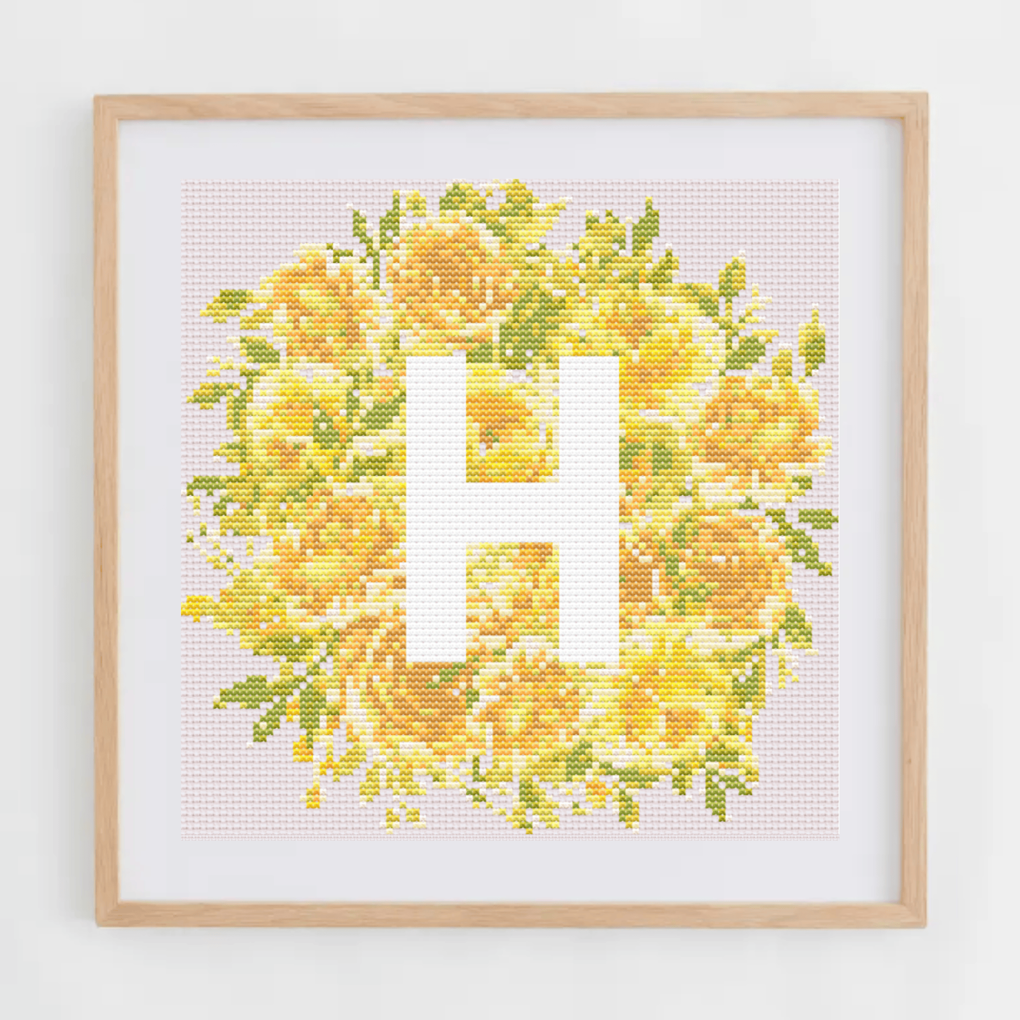 Initial Cross Stitch Pattern With Yellow Flowers in PDF | Floral & Modern Monogram Cross Stitch Chart To Download | Letters Cross Stitch PDF