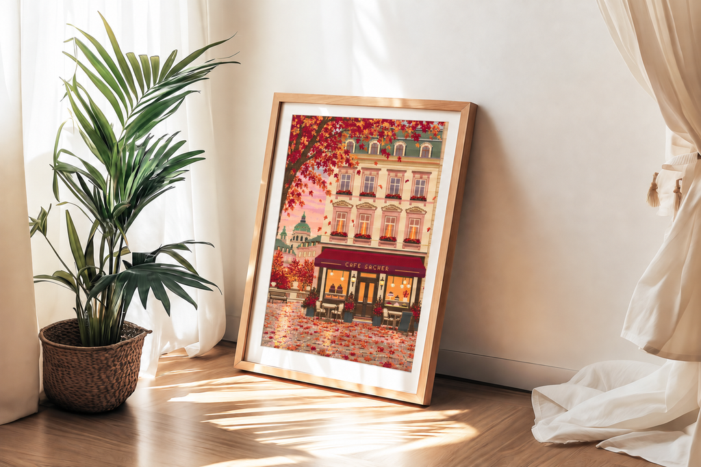 Framed cross stitch featuring an Austrian cafe storefront illustration with autumn leaves, a beige building facade, and a warm pink sky, shown in a light wood frame against a white wall.