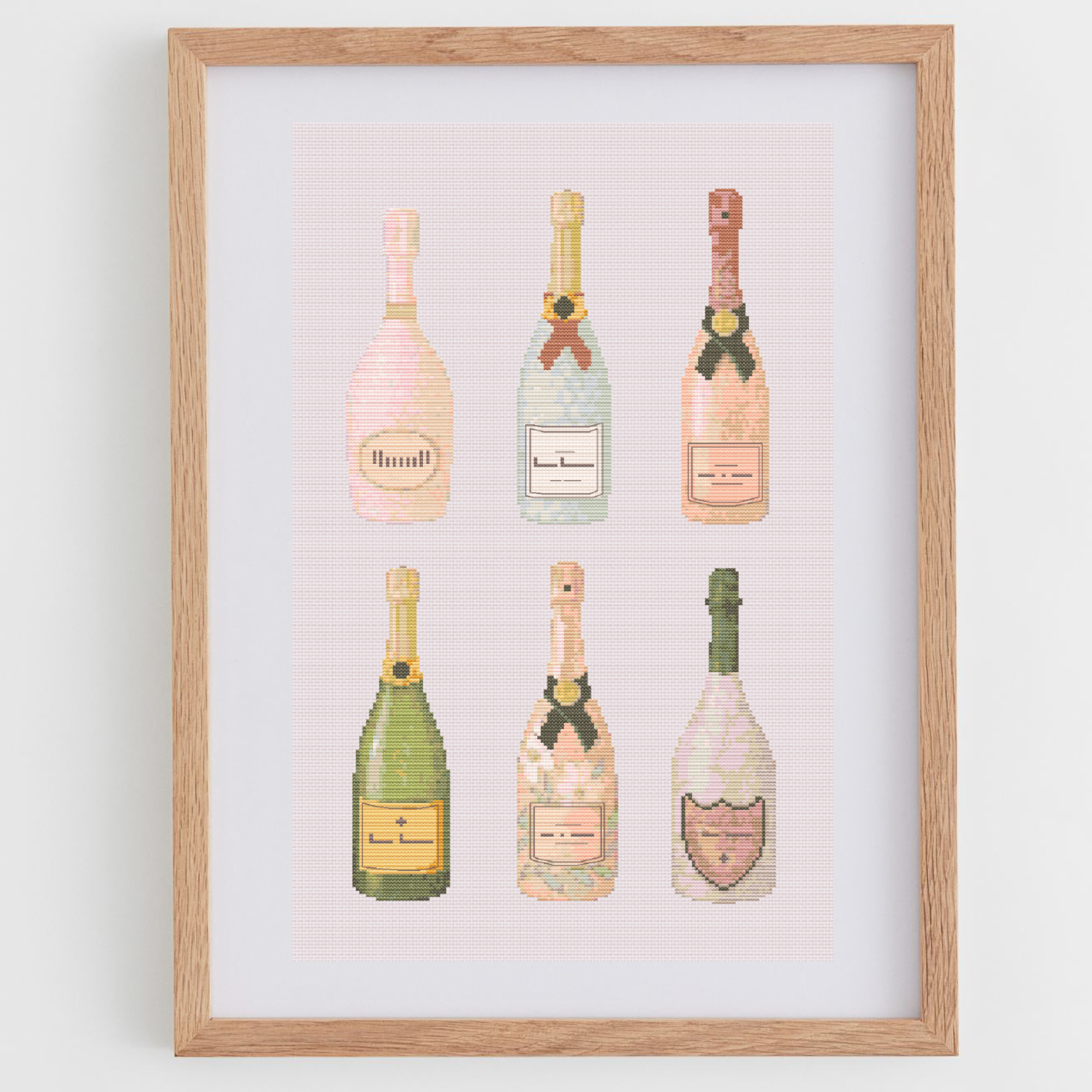 Champagne bottles cross-stitch pattern with different iconic champagne bottles, inspired by Moët & Chandon, Veuve Clicquot, Ruinart, Dom Perignon, etc.
