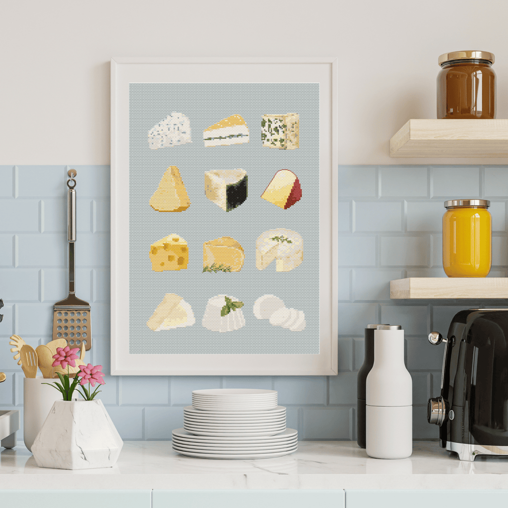 Cheese cross-stitch pattern with different types of cheese. Use this cross stitch chart to personalize an apron, a tea towel, or to create a kitchen poster. Download now!