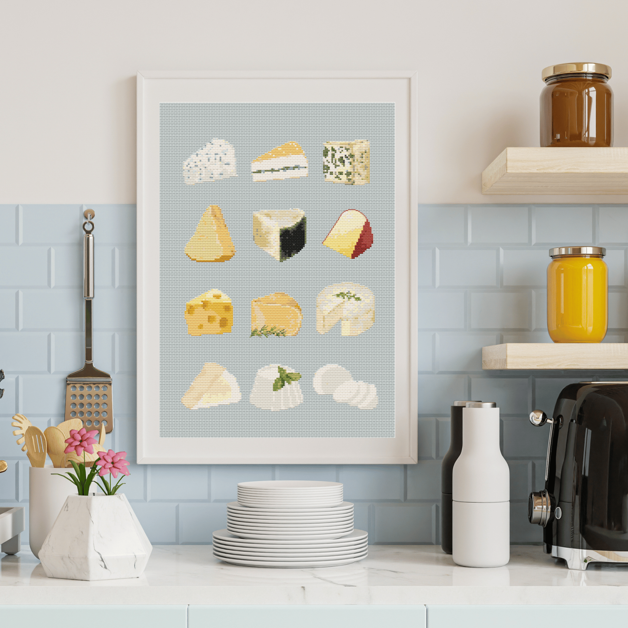 Cheese cross-stitch pattern with different types of cheese. Use this cross stitch chart to personalize an apron, a tea towel, or to create a kitchen poster. Download now!