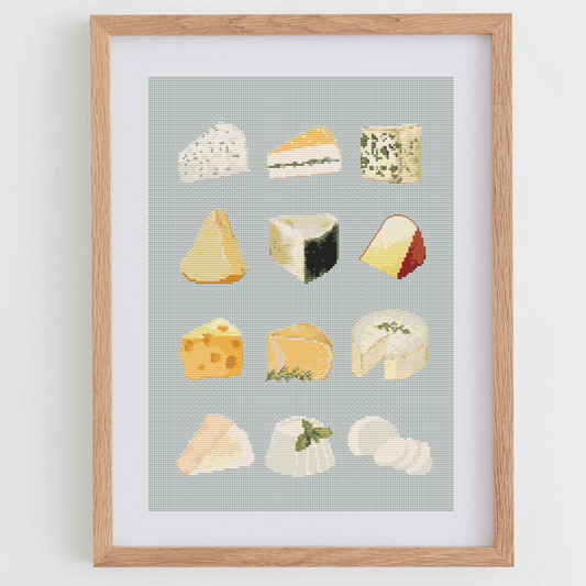 Cheese cross-stitch pattern with different types of cheese. Use this cross stitch chart to personalize an apron, a tea towel, or to create a kitchen poster. Download now!