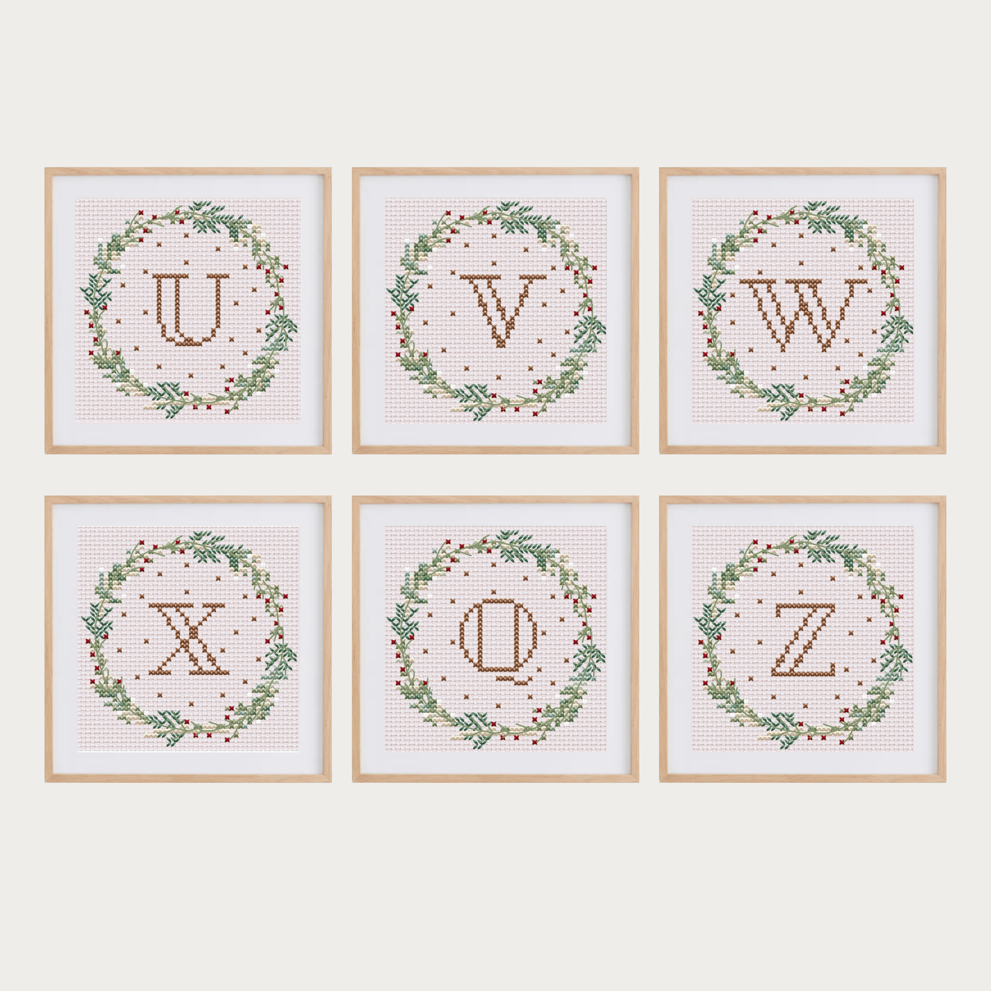 Christmas initials ornaments cross stitch patterns, featuring letters A to Z.