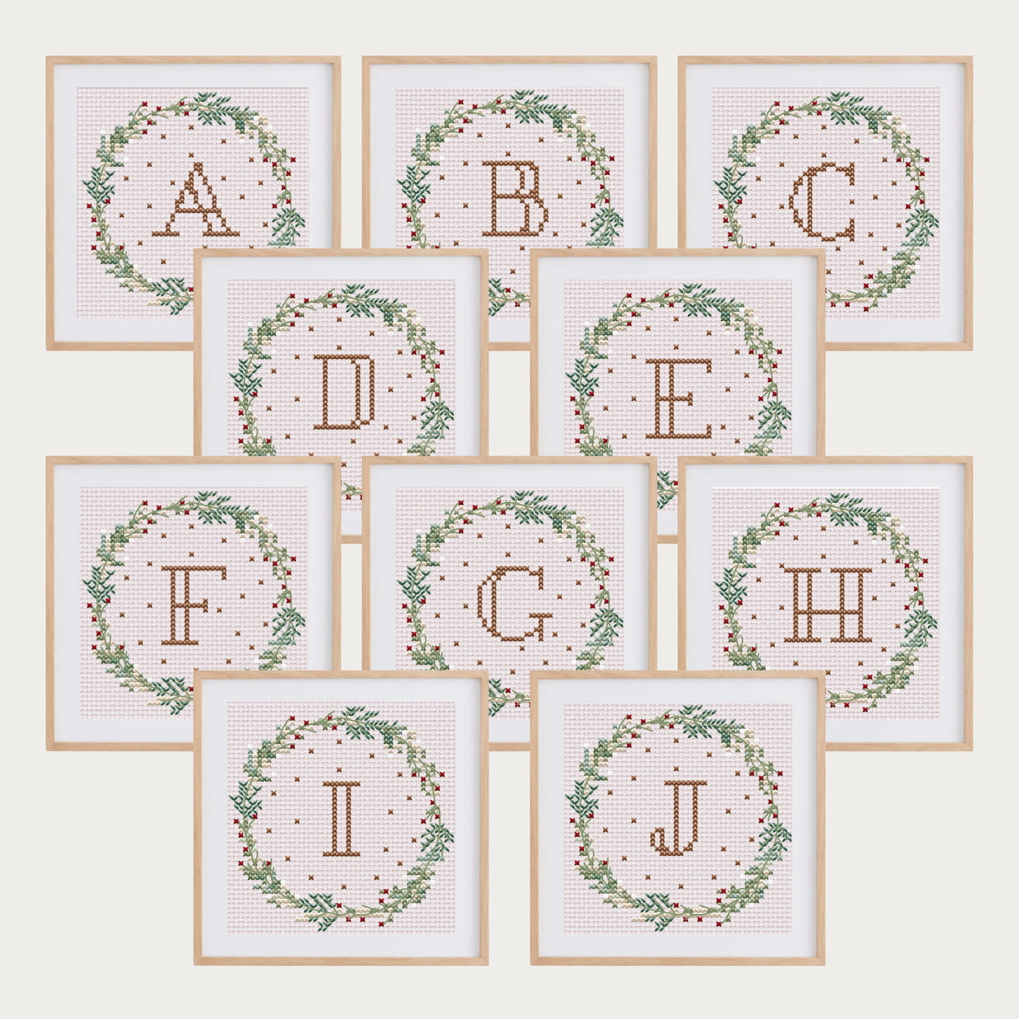 Christmas initials ornaments cross stitch patterns, featuring letters A to Z.