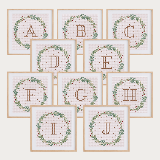 Christmas initials ornaments cross stitch patterns, featuring letters A to Z.