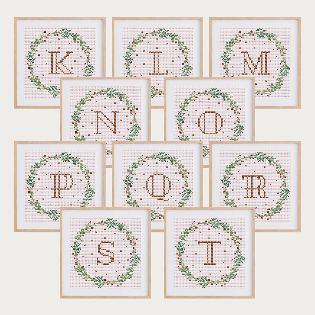 Christmas initials ornaments cross stitch patterns, featuring letters A to Z.