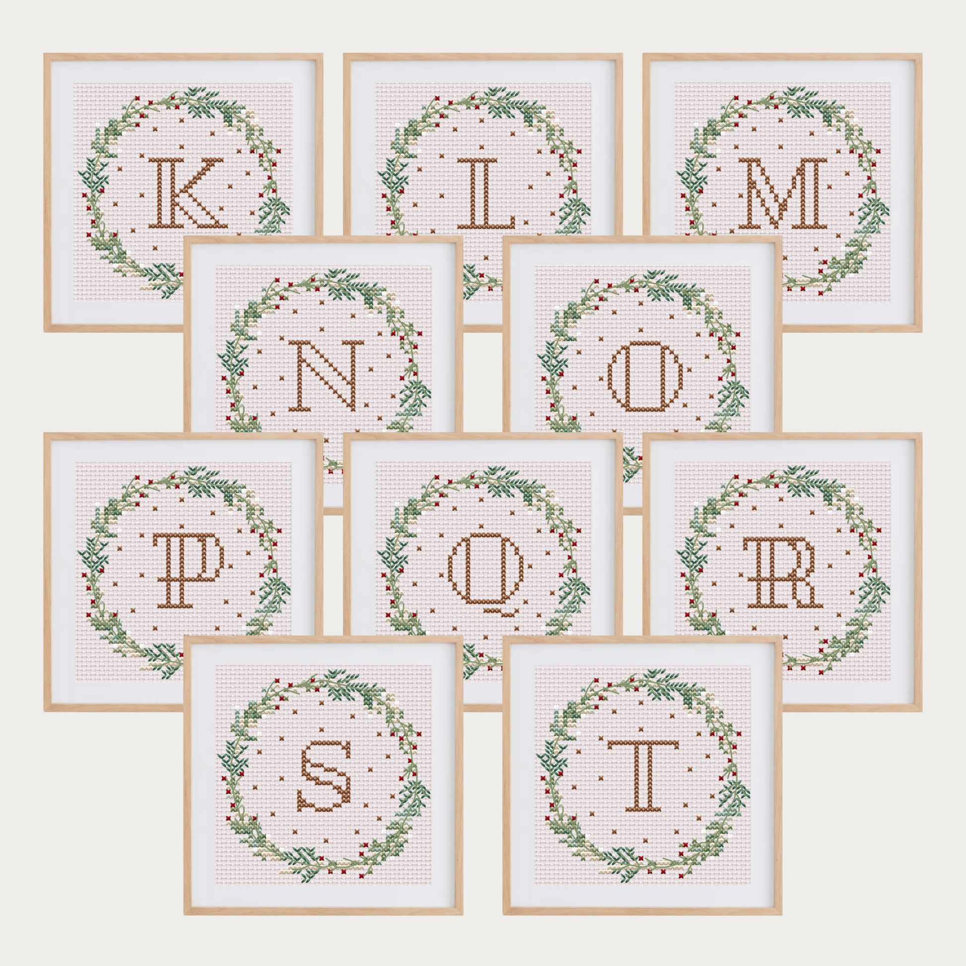 Christmas initials ornaments cross stitch patterns, featuring letters A to Z.