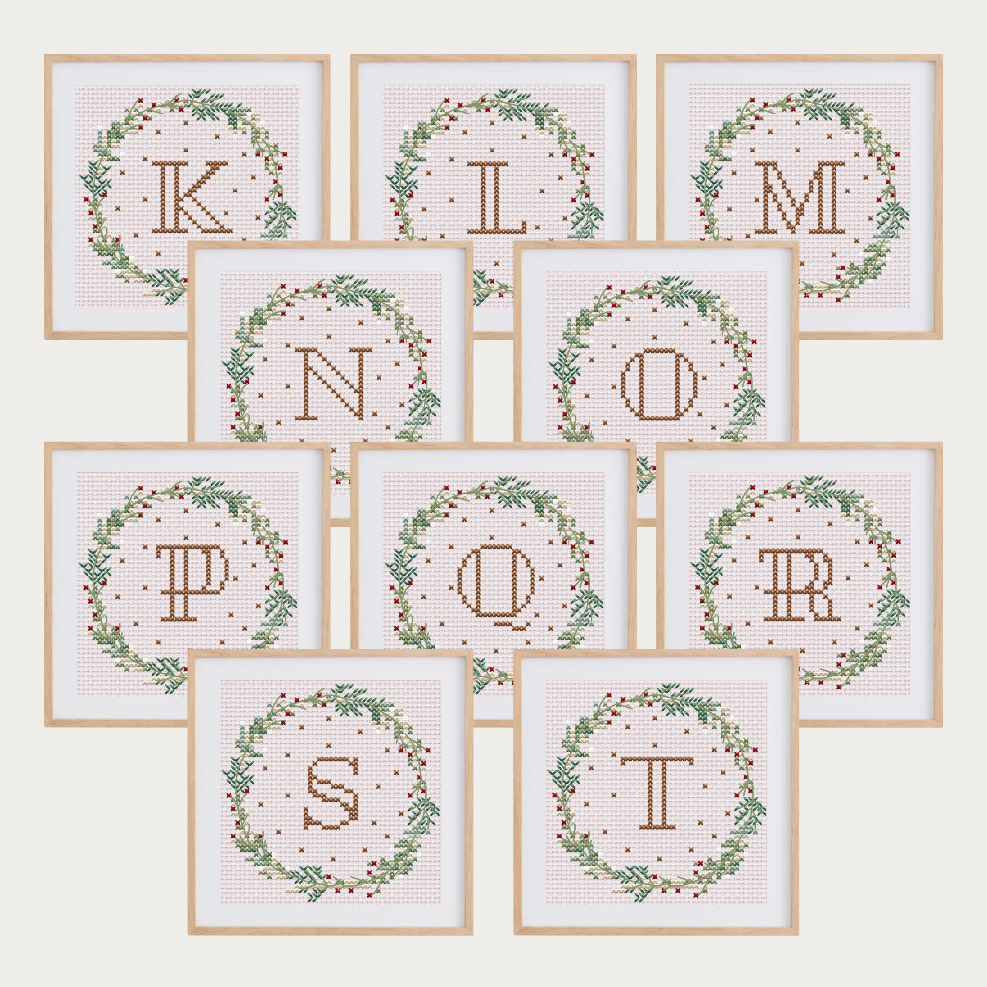 Christmas initials ornaments cross stitch patterns, featuring letters A to Z.