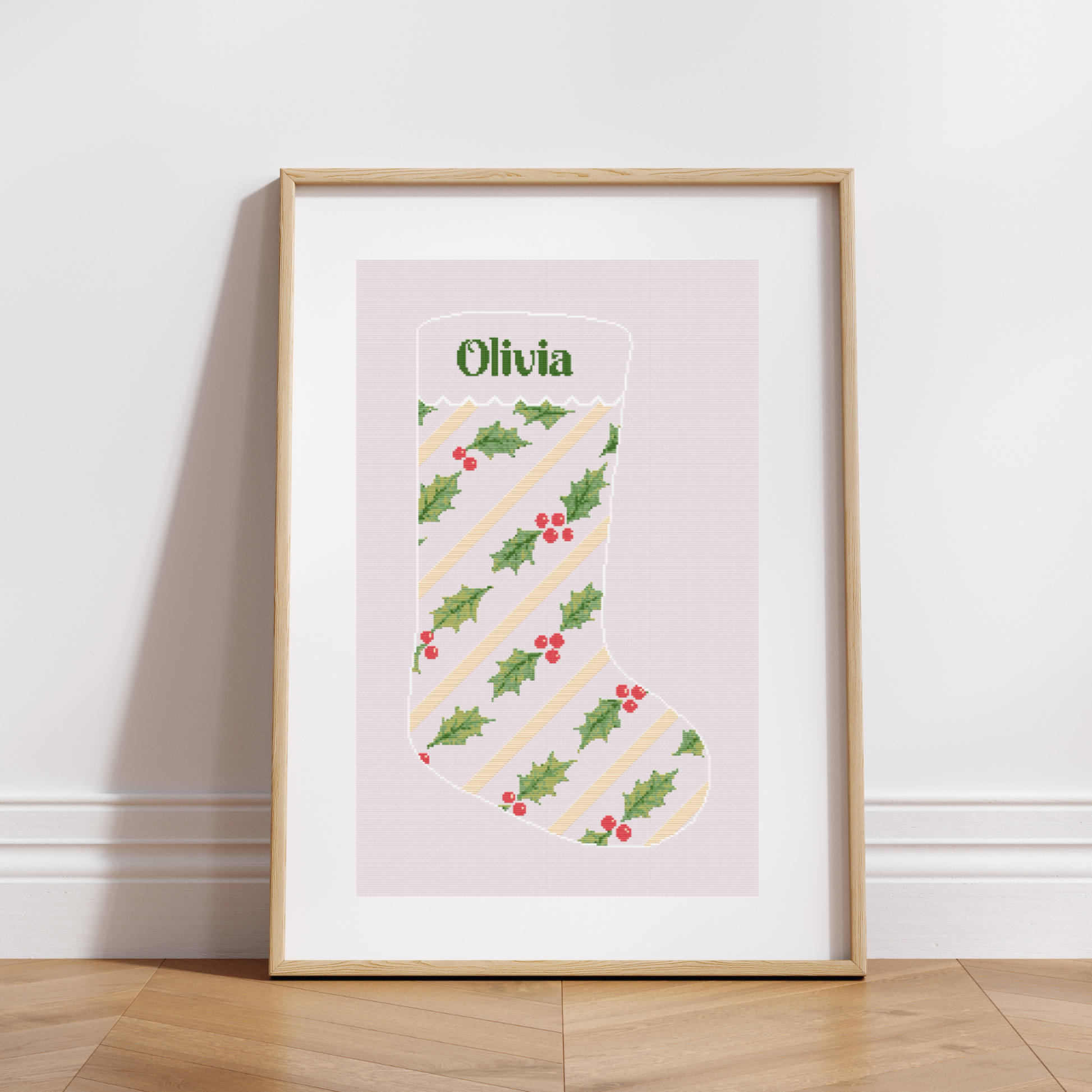 Christmas Stocking Stripes & Holly Cross Stitch Pattern