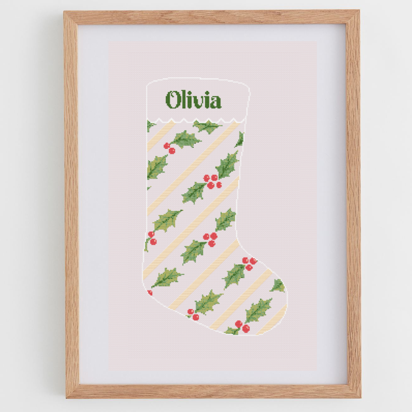 Christmas Stocking Stripes & Holly Cross Stitch Pattern