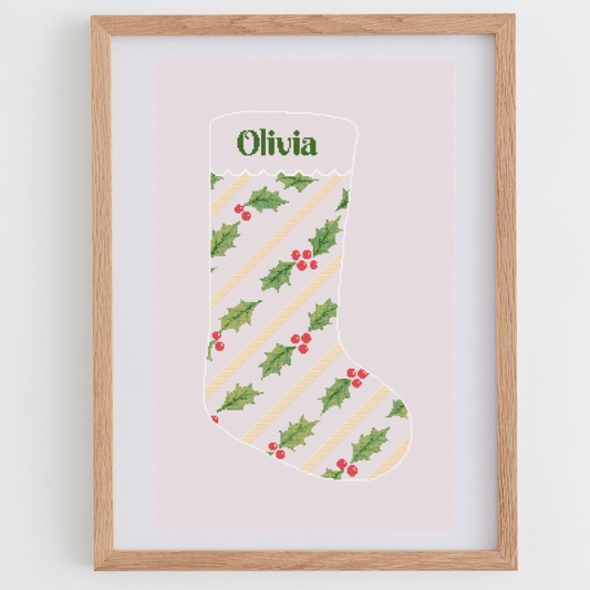 Christmas Stocking Stripes & Holly Cross Stitch Pattern