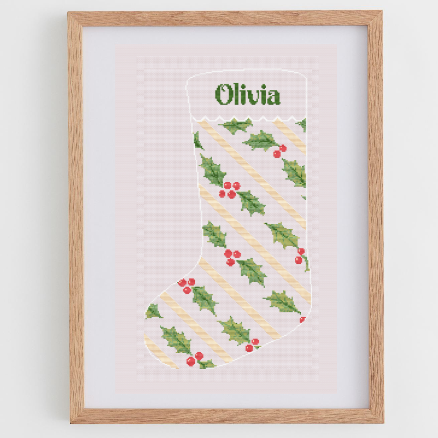Christmas Stocking Stripes & Holly Cross Stitch Pattern