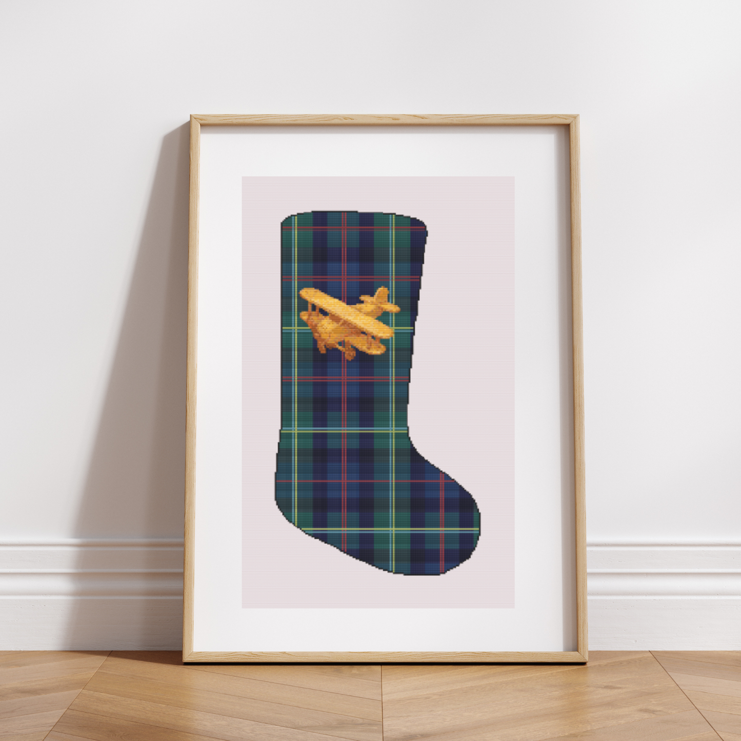 Plaid & Plane Christmas Stocking Cross Stitch Pattern