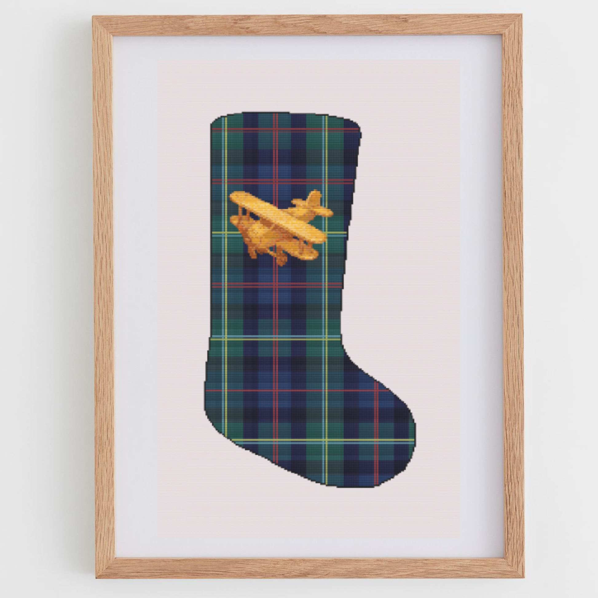 Plaid & Plane Christmas Stocking Cross Stitch Pattern