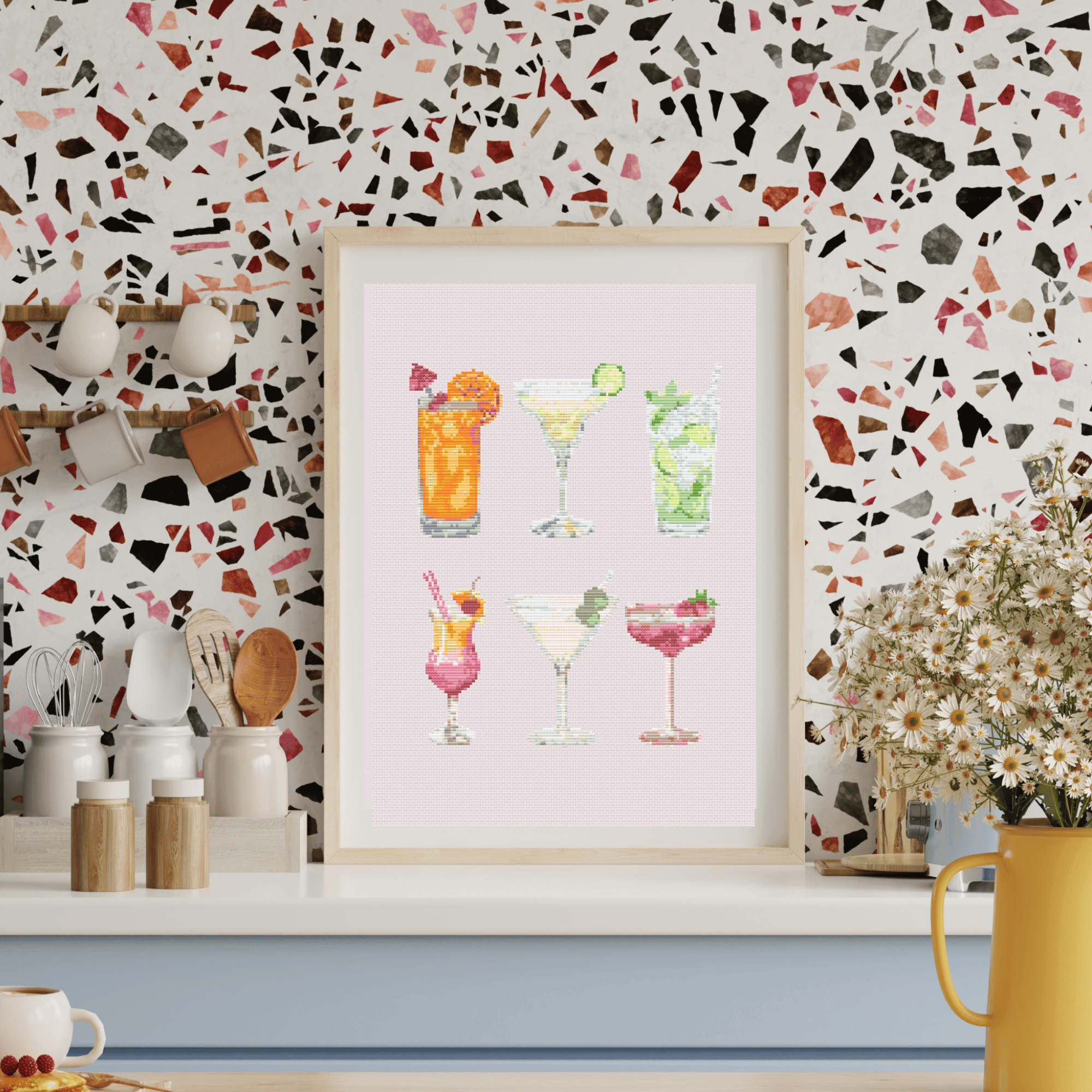 Cocktails Poster Cross Stitch Pattern for Modern & Pretty Kitchen Decor (PDF Chart, Instant Download)
