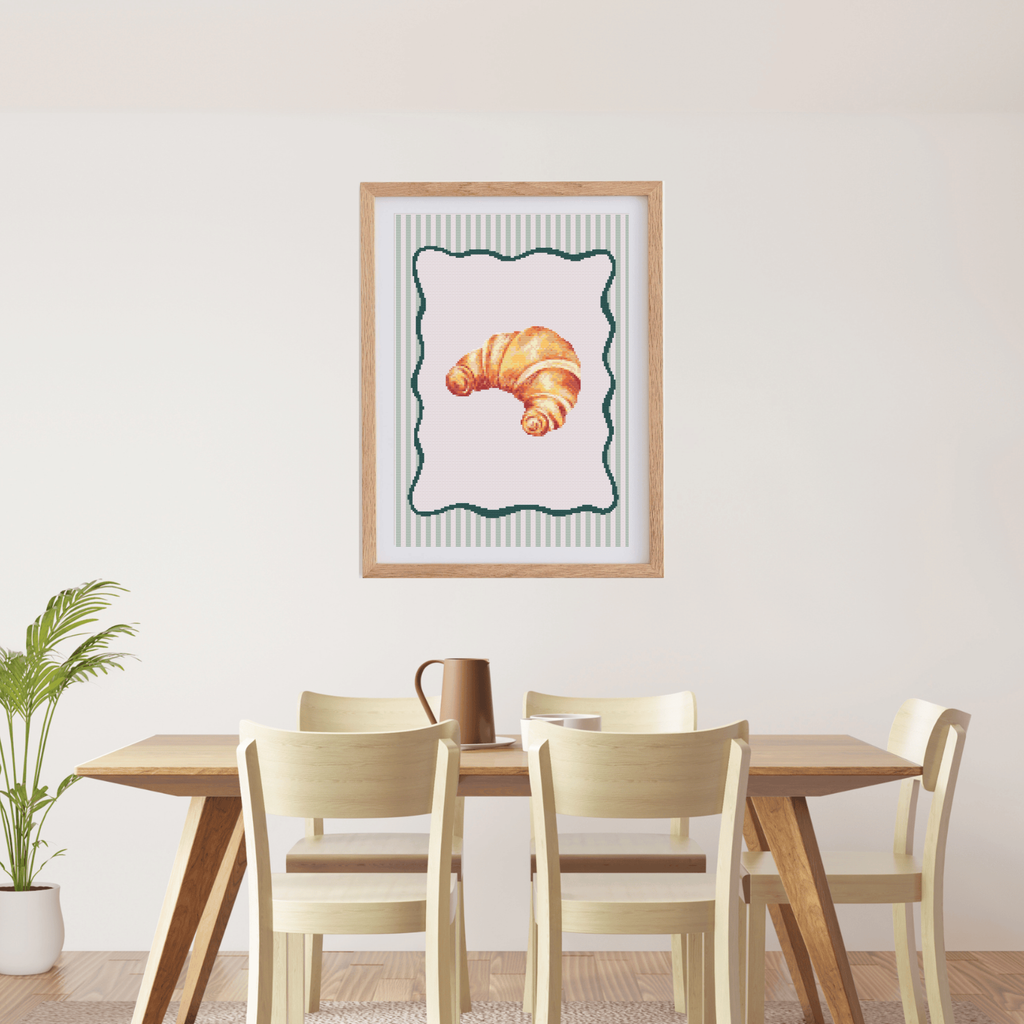 Croissant Poster Cross Stitch Pattern with Wavy Frame for Modern & Pretty Kitchen Decor (PDF Chart, Instant Download)