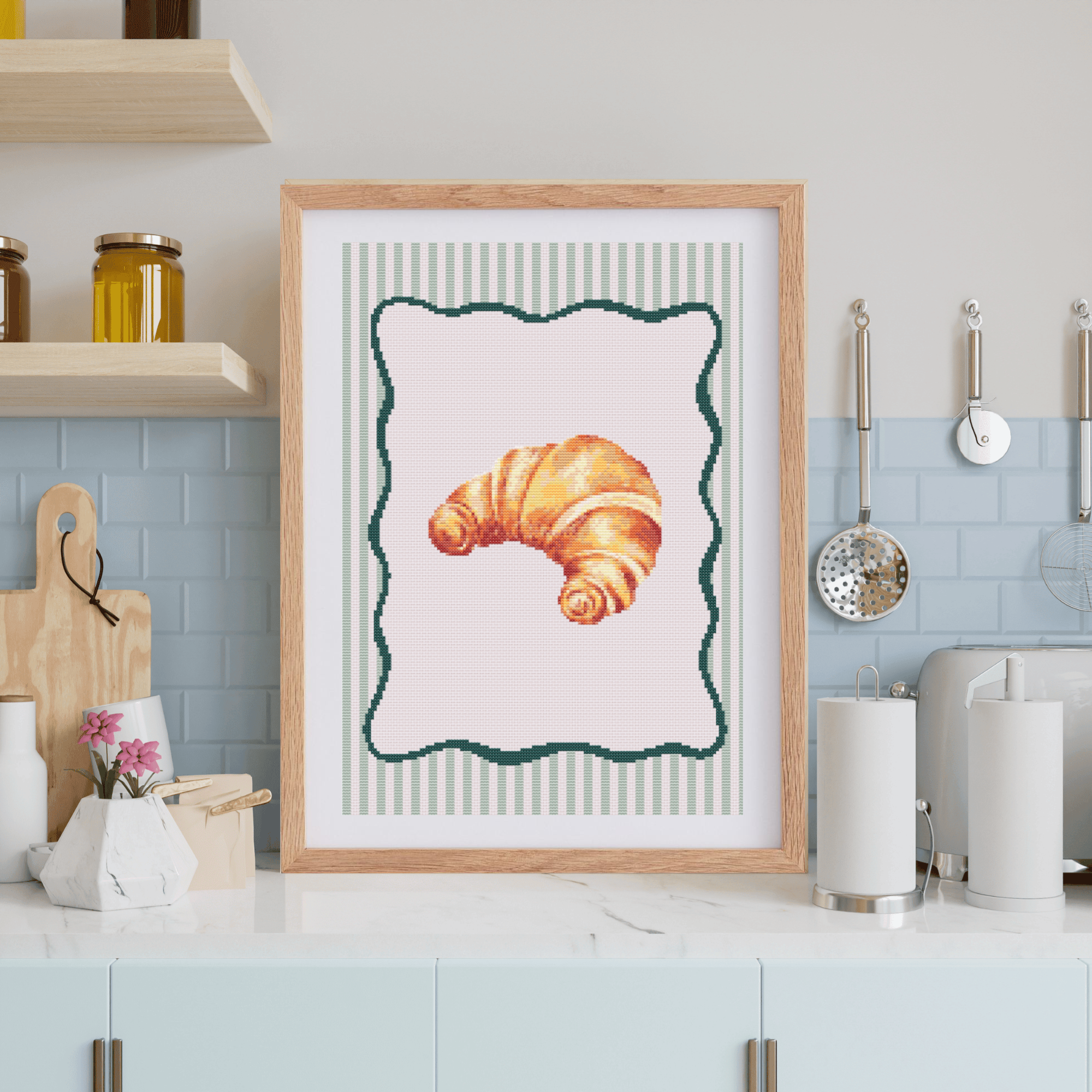 Croissant Poster Cross Stitch Pattern with Wavy Frame for Modern & Pretty Kitchen Decor (PDF Chart, Instant Download)