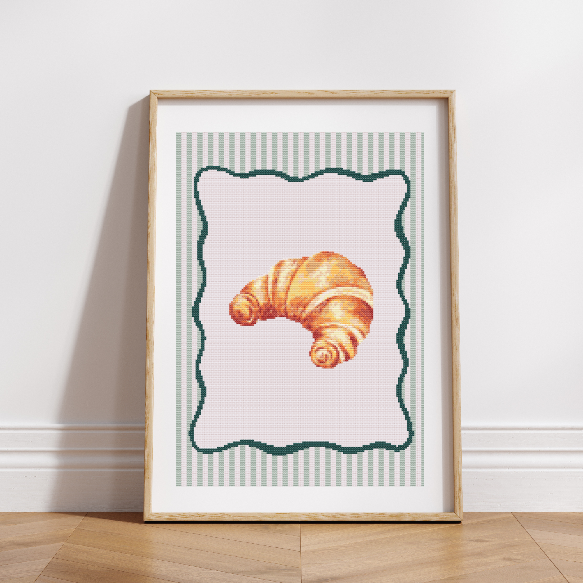 Croissant Poster Cross Stitch Pattern with Wavy Frame for Modern & Pretty Kitchen Decor (PDF Chart, Instant Download)