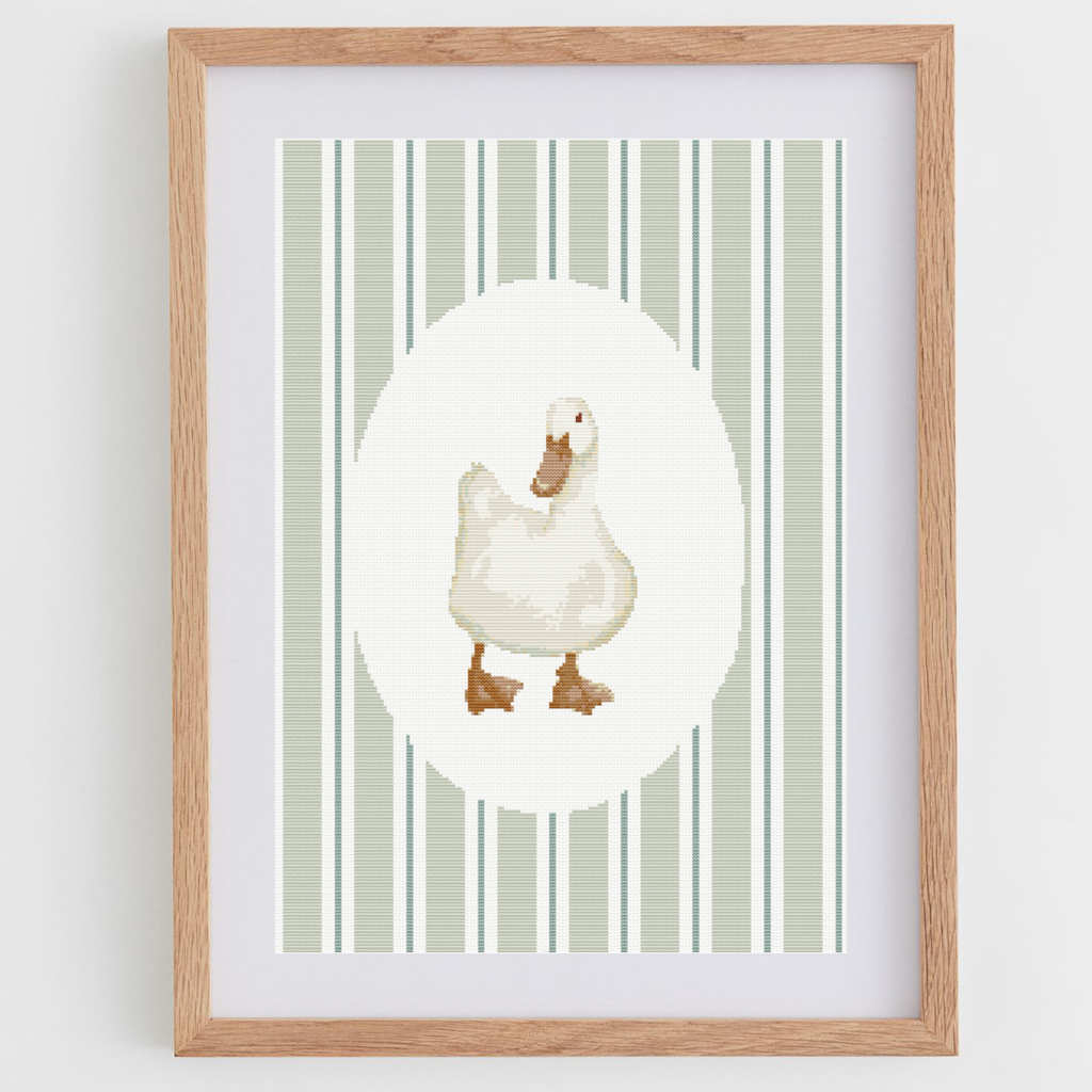 Duck cross-stitch pattern, in a portrait shape, perfect for a nursery or baby room.