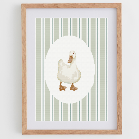 Duck cross-stitch pattern, in a portrait shape, perfect for a nursery or baby room.