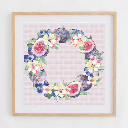 Figs wreath cross-stitch pattern | Fruit wreath cross stitch charts | Modern and pretty cross stitch charts PDF