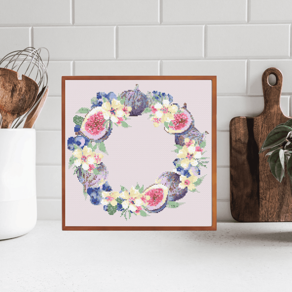Figs wreath cross-stitch pattern | Fruit wreath cross stitch charts | Modern and pretty cross stitch charts PDF