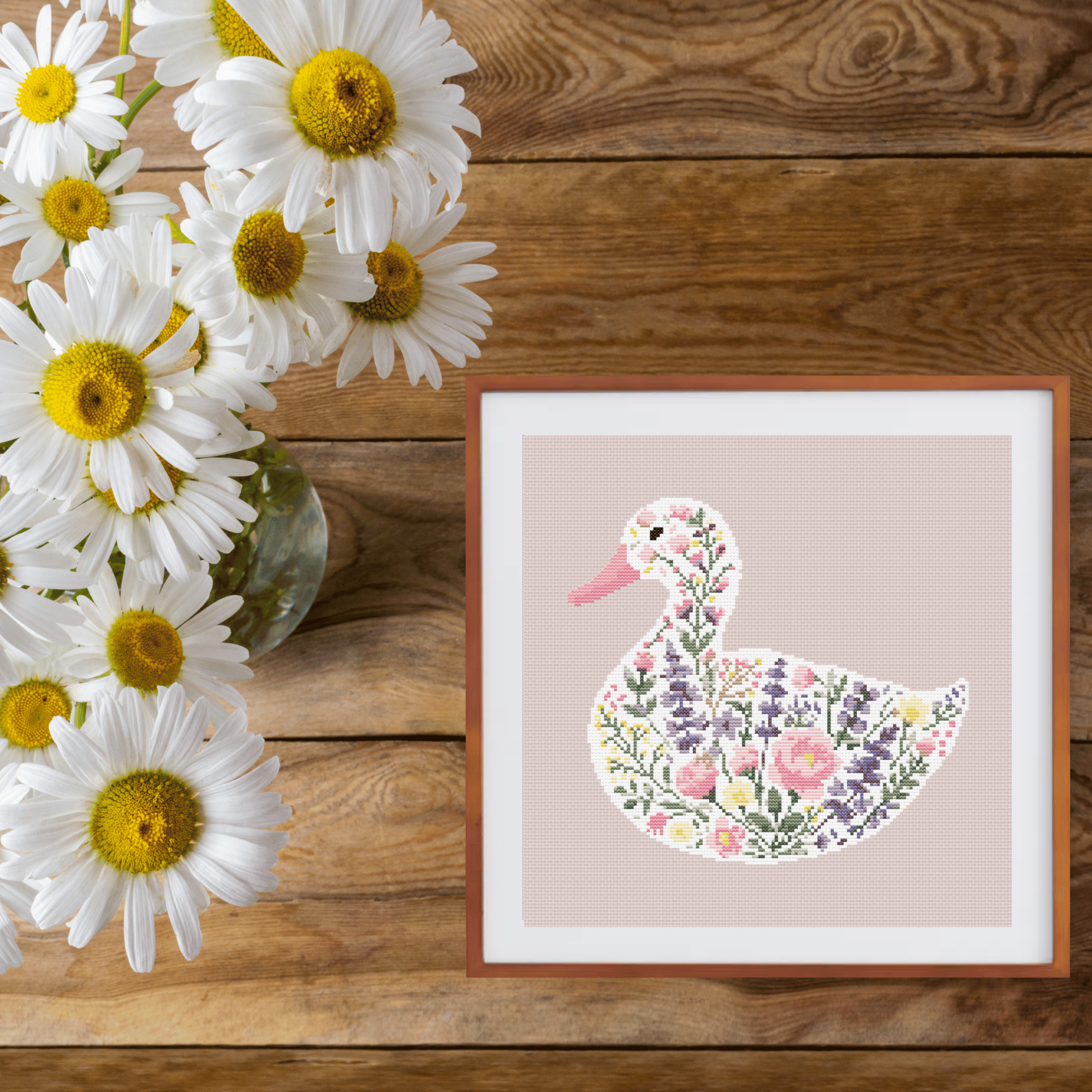 Flower Duck Cross Stitch Pattern | Cross Stitch Chart With White Duck Made of Flowers | Pink and Lavender Baby Cross Stitch Pattern in PDF