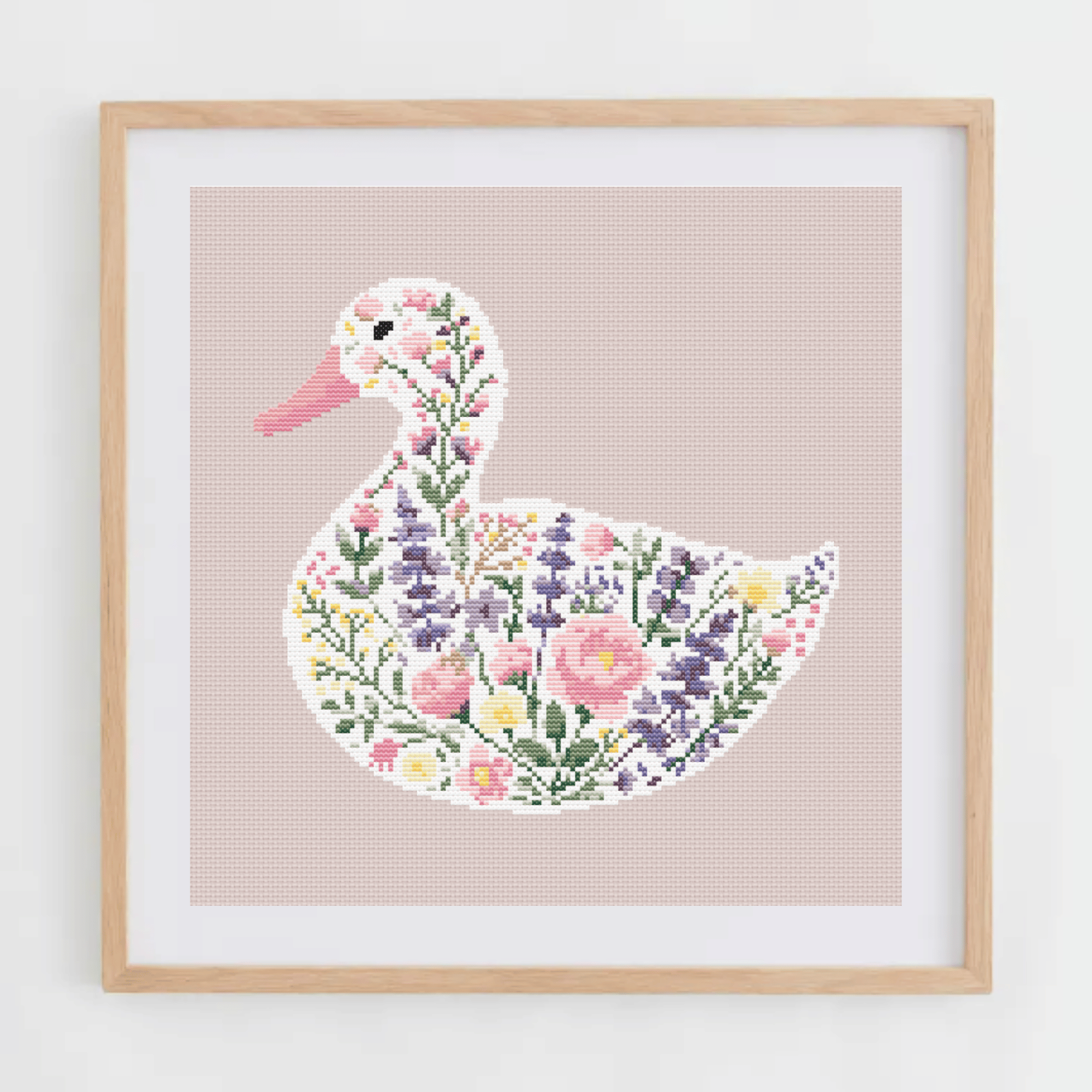 Flower Duck Cross Stitch Pattern | Cross Stitch Chart With White Duck Made of Flowers | Pink and Lavender Baby Cross Stitch Pattern in PDF