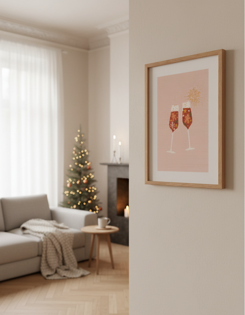 Gingerbread toast cross stitch pattern with two glasses of champagne and gingerbread cookies.