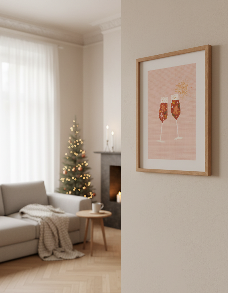 Gingerbread toast cross stitch pattern with two glasses of champagne and gingerbread cookies.