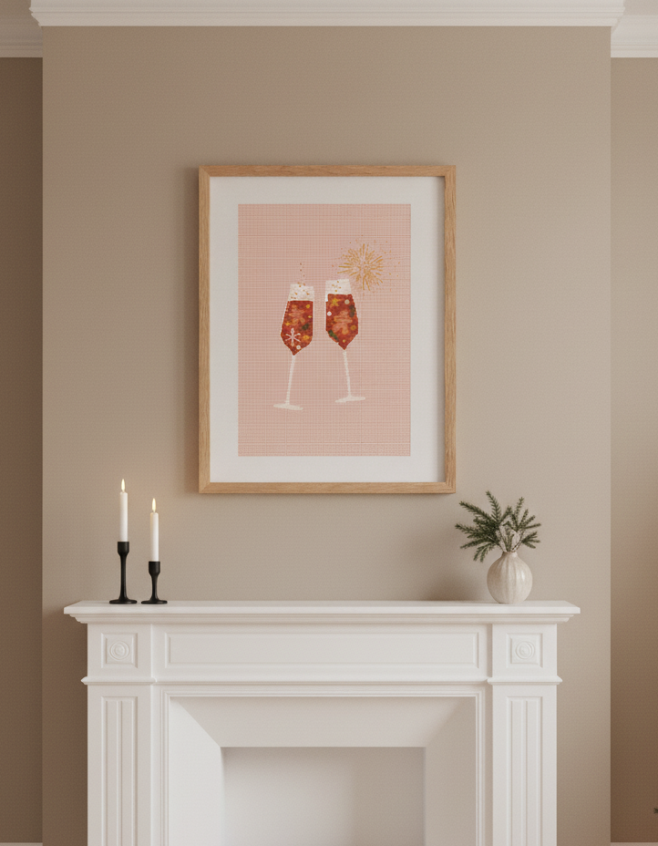 Gingerbread toast cross stitch pattern with two glasses of champagne and gingerbread cookies.