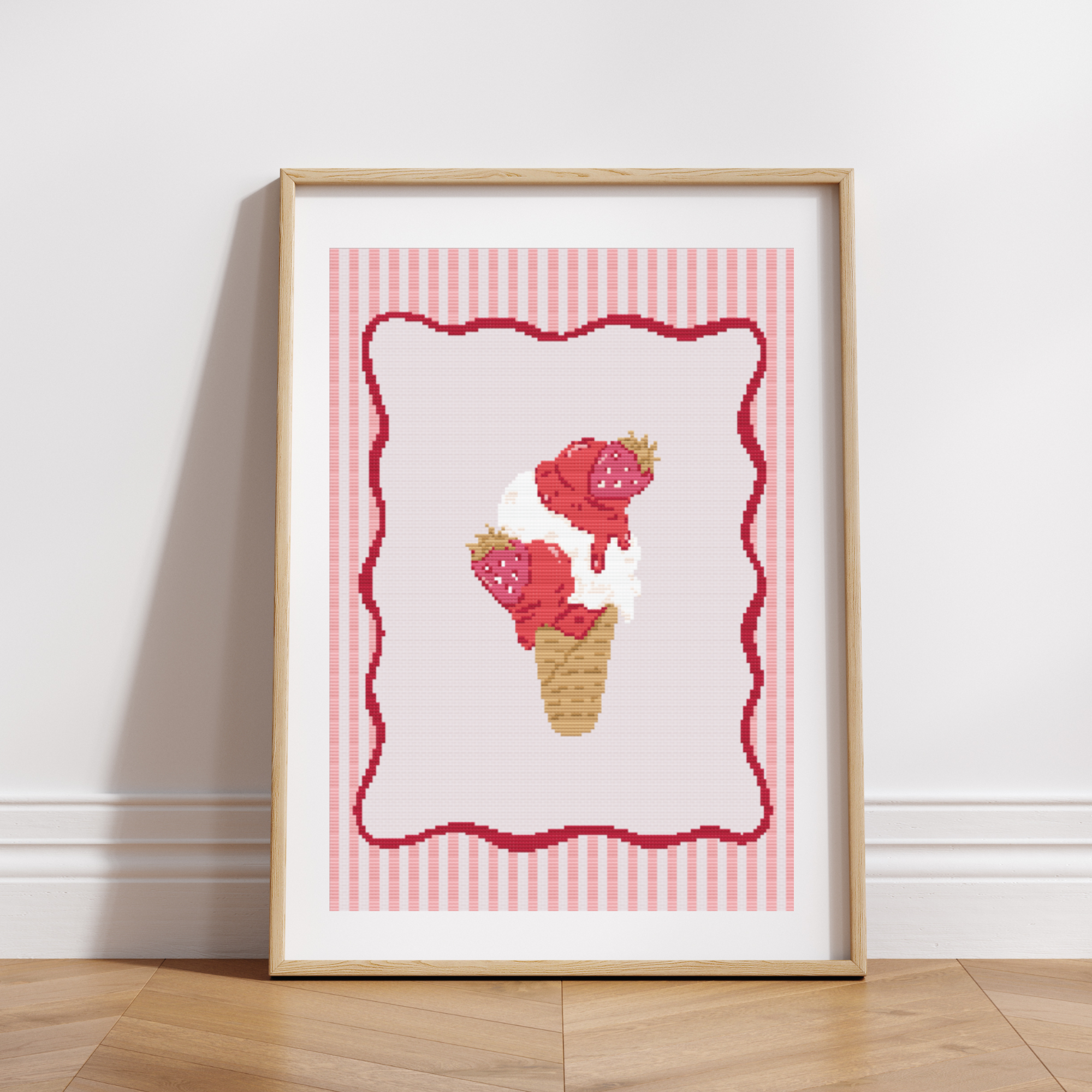 Ice Cream Poster Cross Stitch Pattern with Wavy Frame for Modern & Pretty Kitchen Decor (PDF Chart, Instant Download)