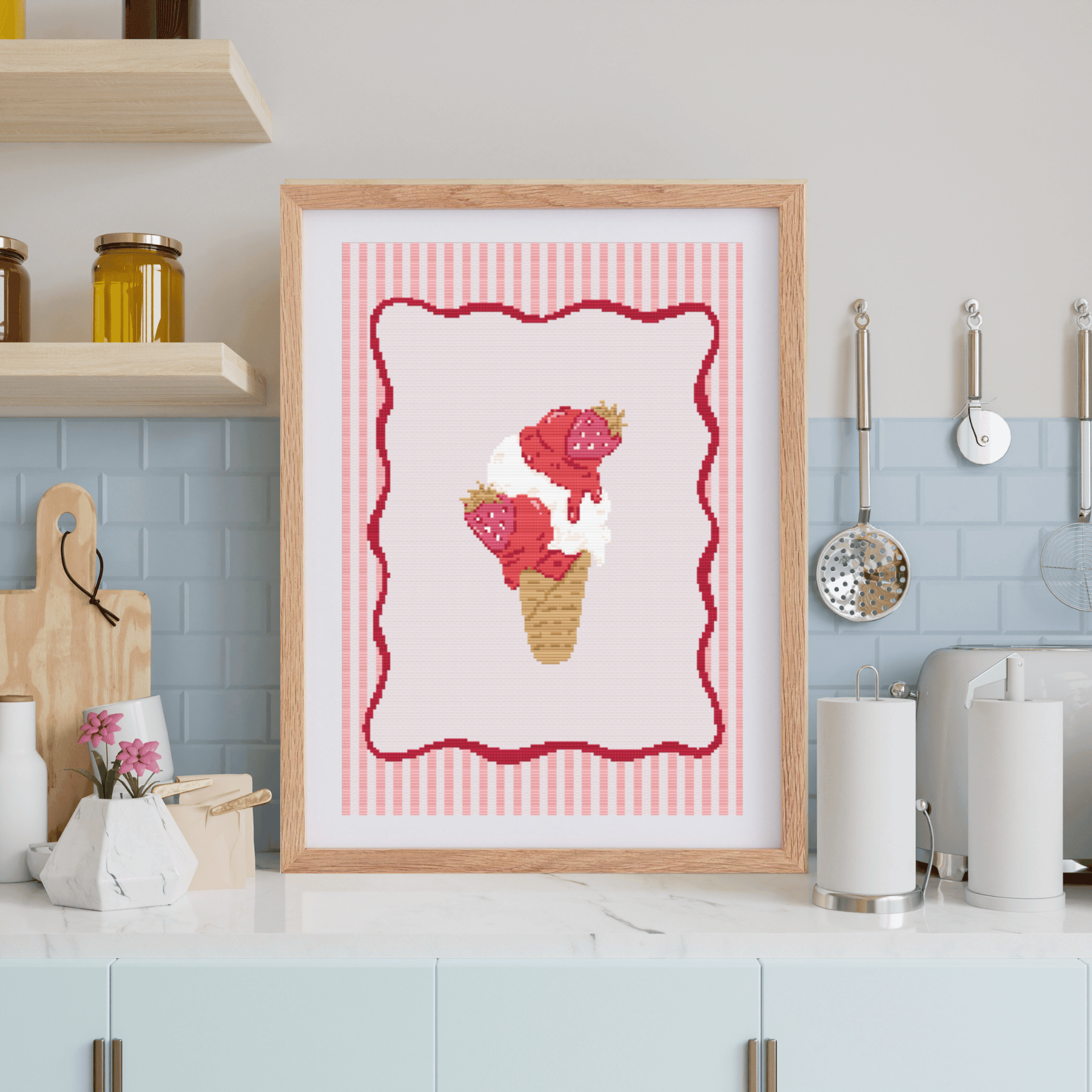 Ice Cream Poster Cross Stitch Pattern with Wavy Frame for Modern & Pretty Kitchen Decor (PDF Chart, Instant Download)