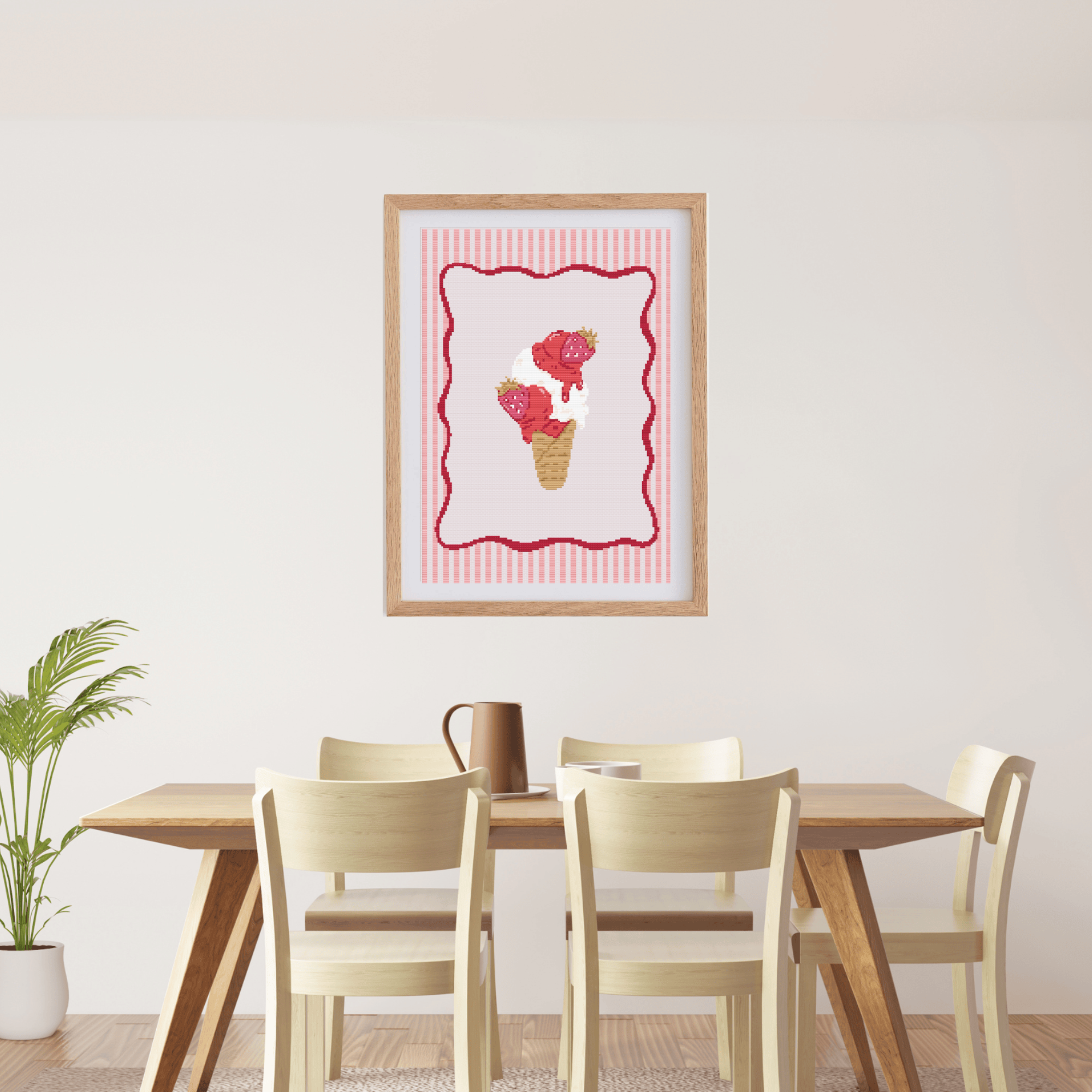 Ice Cream Poster Cross Stitch Pattern with Wavy Frame for Modern & Pretty Kitchen Decor (PDF Chart, Instant Download)