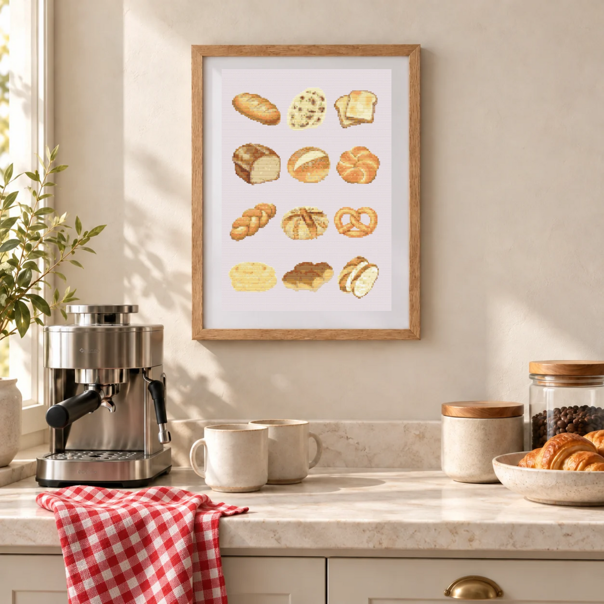 A framed cross-stitch pattern featuring  various breads and pastries, displayed on a beige wall above a kitchen counter with a coffee machine, mugs, and croissants.