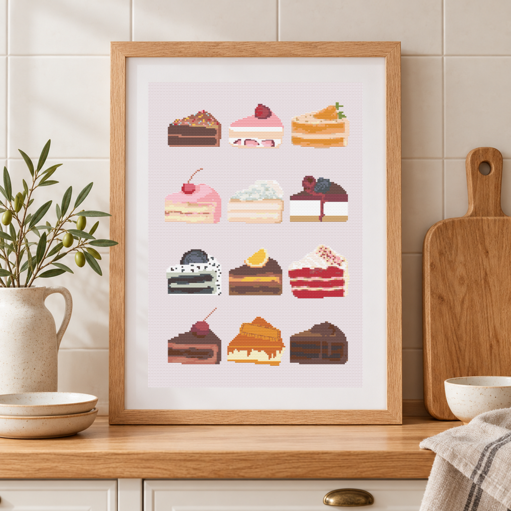 A framed cross-stitch pattern featuring a grid of twelve colorful slice-of-cakes, styled on a wooden countertop in a kitchen setting.
