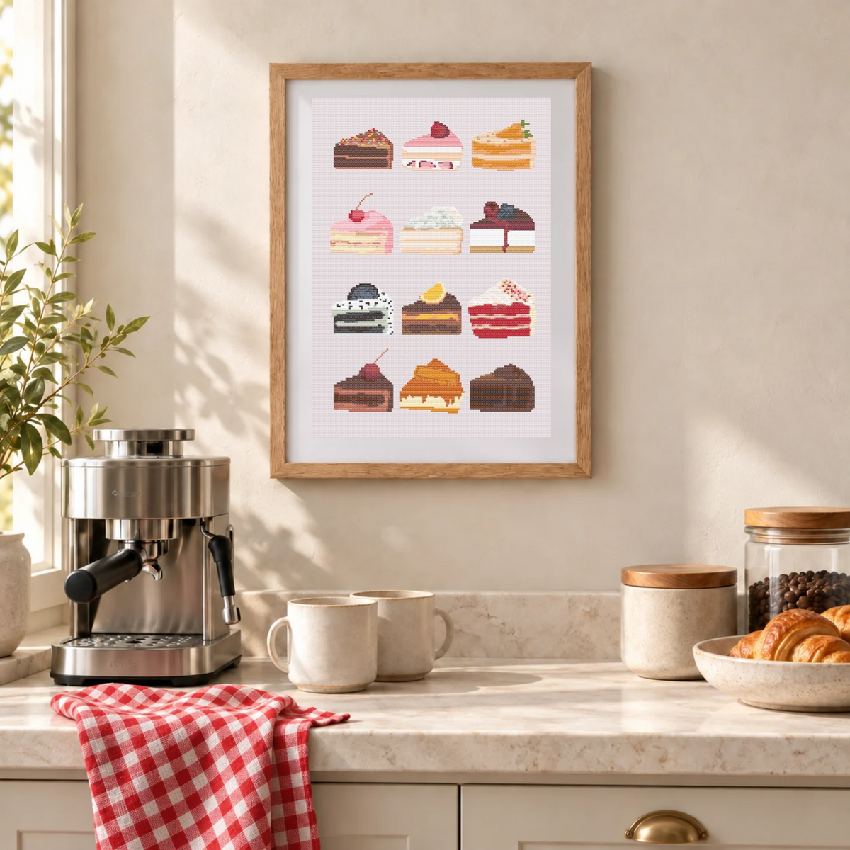 A framed cross-stitch pattern featuring a grid of colorful illustrated cake slices, displayed on a beige wall above a kitchen counter with an espresso machine, mugs, and pastries.