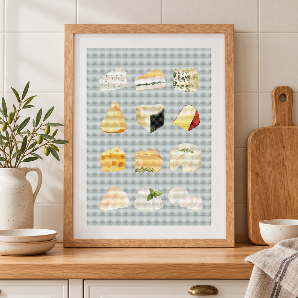 Framed cross stitch chart of various types of cheese on a light blue background