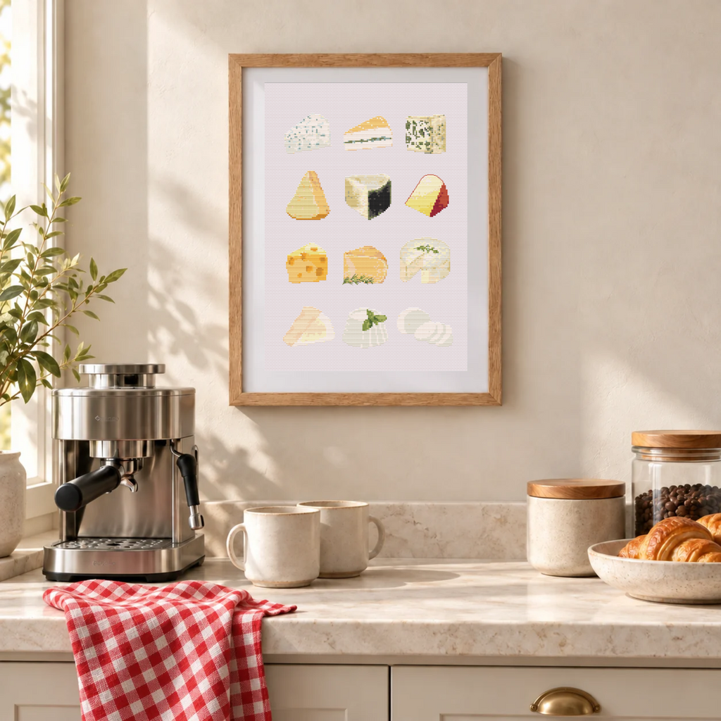 Framed cross stitch chart of various types of cheese on a light blue background