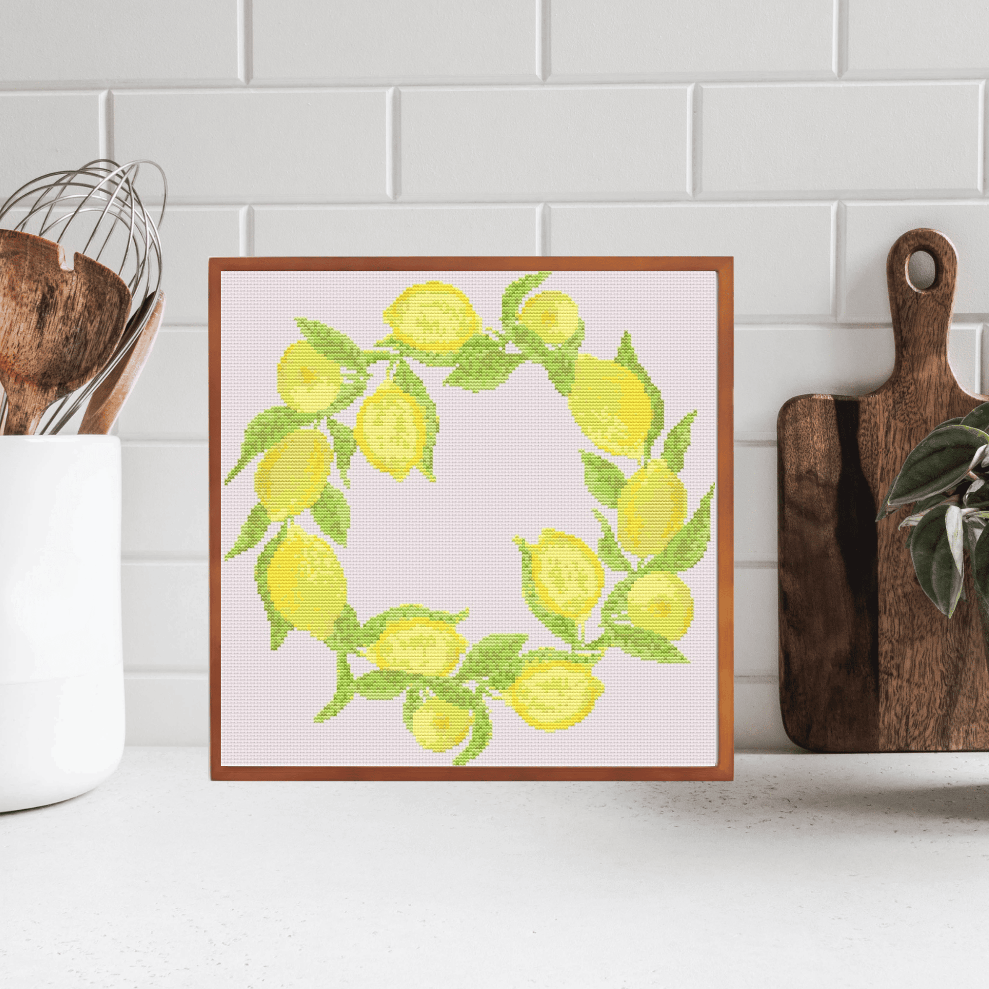 Lemon wreath cross-stitch pattern | Fruit wreath cross stitch charts | Modern and pretty cross stitch charts PDF
