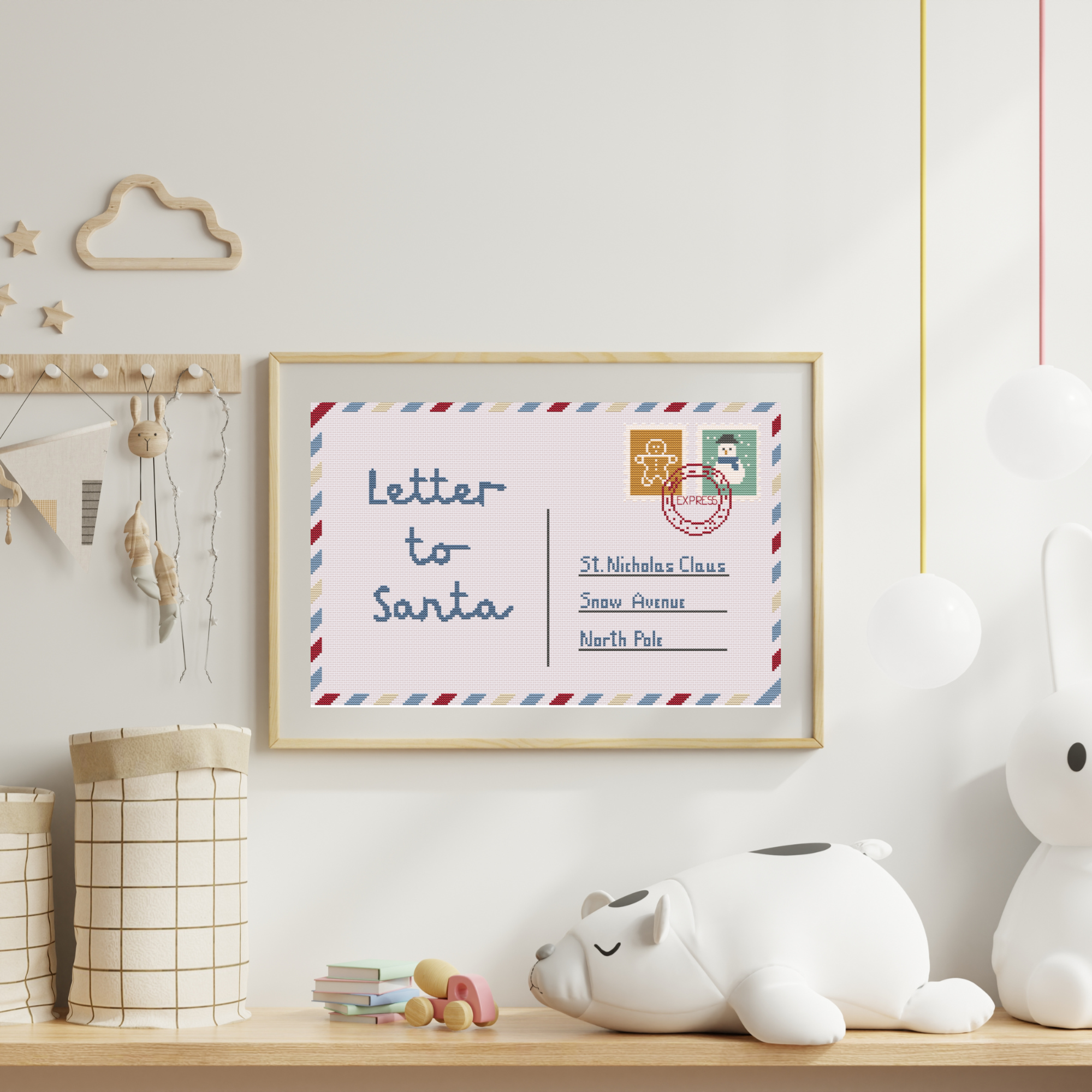 Letter to Santa cross stitch pattern with with the shape of a classic letter to Santa Claus.
