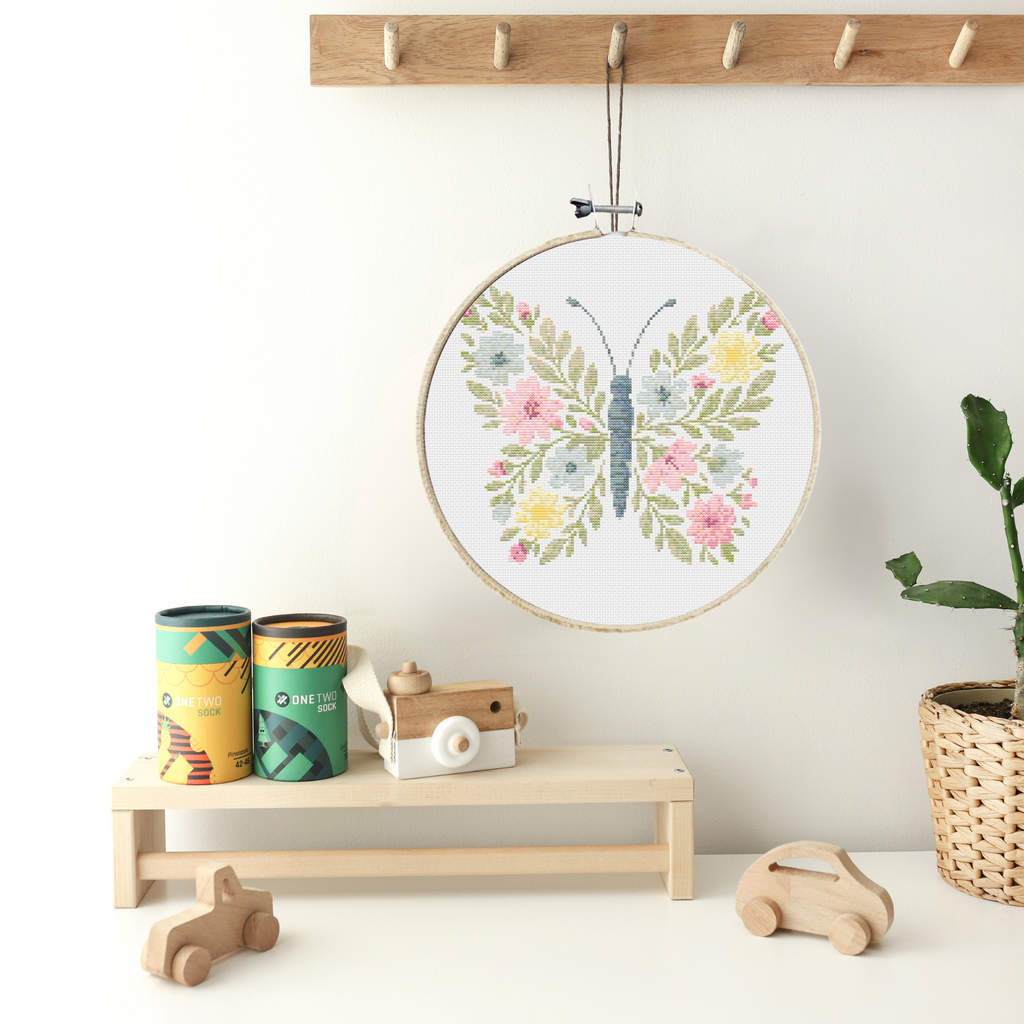 Flower Butterfly Cross Stitch Pattern | Cross Stitch Chart With Butterfly Made Of Pastel Flowers | Baby Cross Stitch Pattern in PDF & SVG