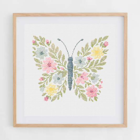 Flower Butterfly Cross Stitch Pattern | Cross Stitch Chart With Butterfly Made Of Pastel Flowers | Baby Cross Stitch Pattern in PDF & SVG